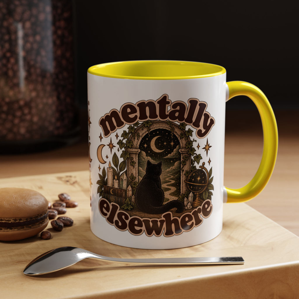 Mentally Elsewhere Mug — Black Cat Celestial Ceramic Coffee Mug