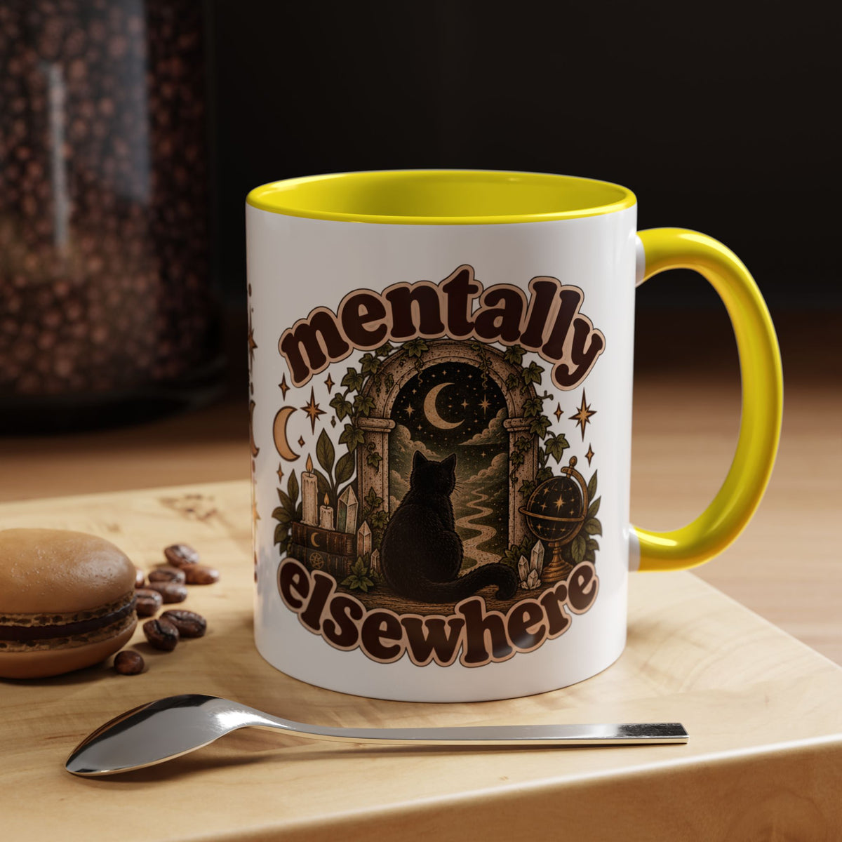 Mentally Elsewhere Mug — Black Cat Celestial Ceramic Coffee Mug
