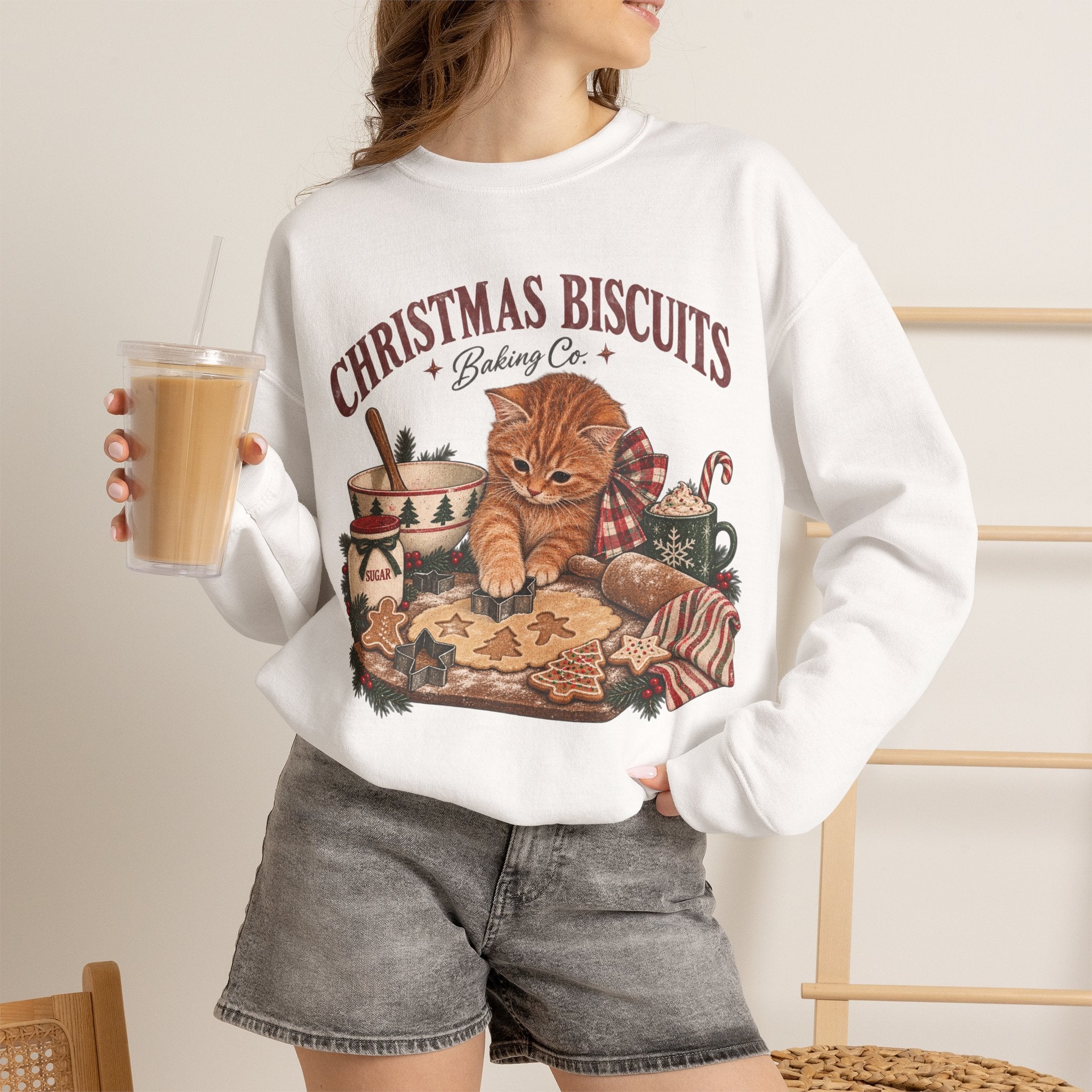 Crewneck Sweatshirt — Christmas Biscuits Baking Co. Cat Holiday Sweatshirt