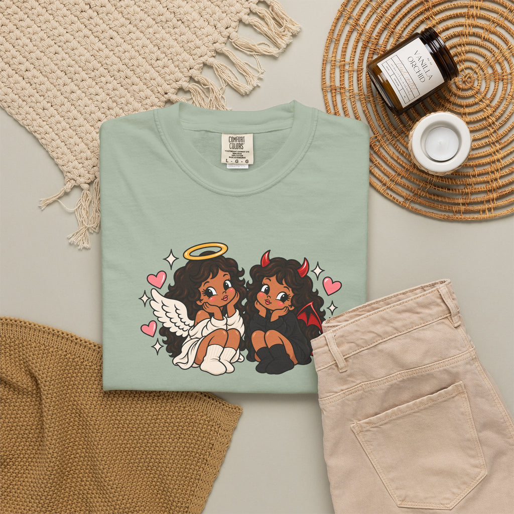 Angel and Devil Cute Graphic Tee — Kawaii Couple Illustration T-Shirt