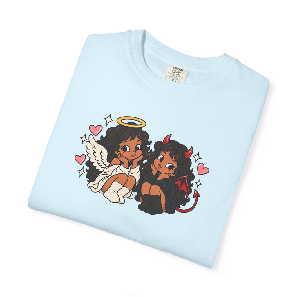 Angel and Devil Cute Graphic Tee — Kawaii Couple Illustration T-Shirt