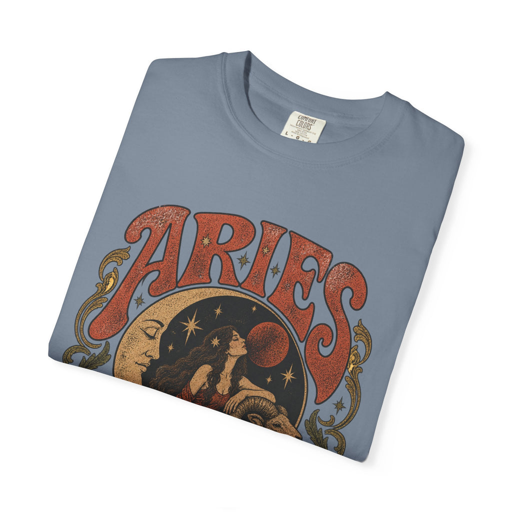 Aries Zodiac T‑Shirt — Vintage Moon & Ram Astrology Tee