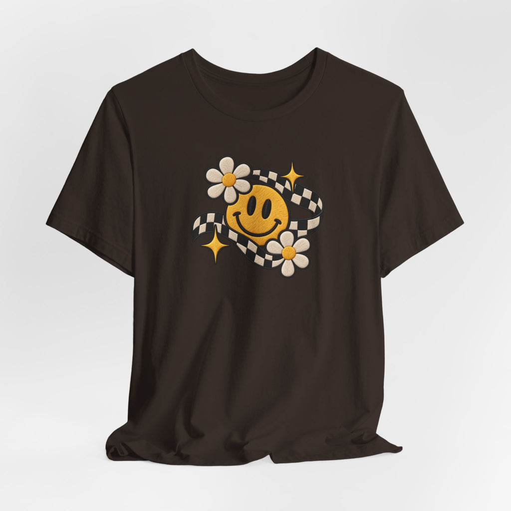 Smiley Flower Checkerboard Tee — Retro Happy Face Graphic T-Shirt