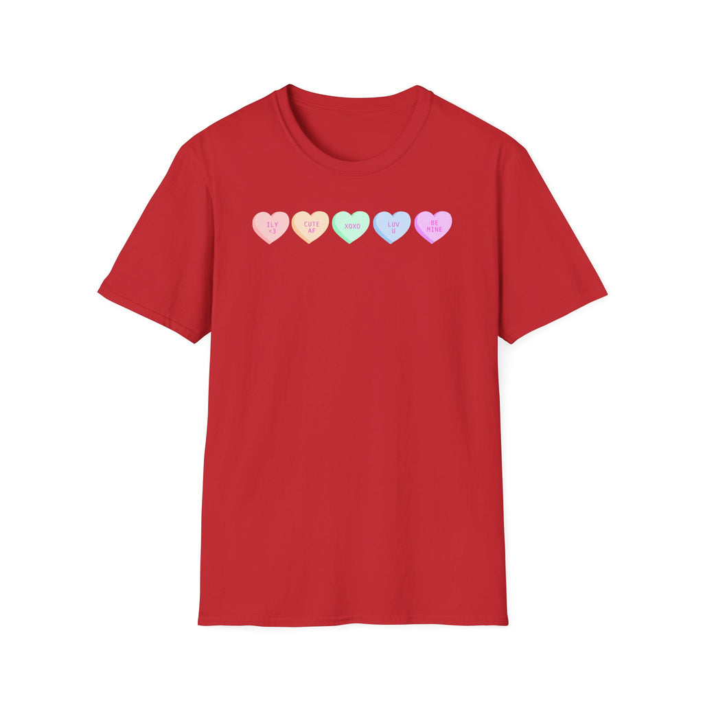 Conversation Heart Candy T-Shirt — Pastel ‘Be Mine, Cute AF, XOXO, Luv U’ Graphic