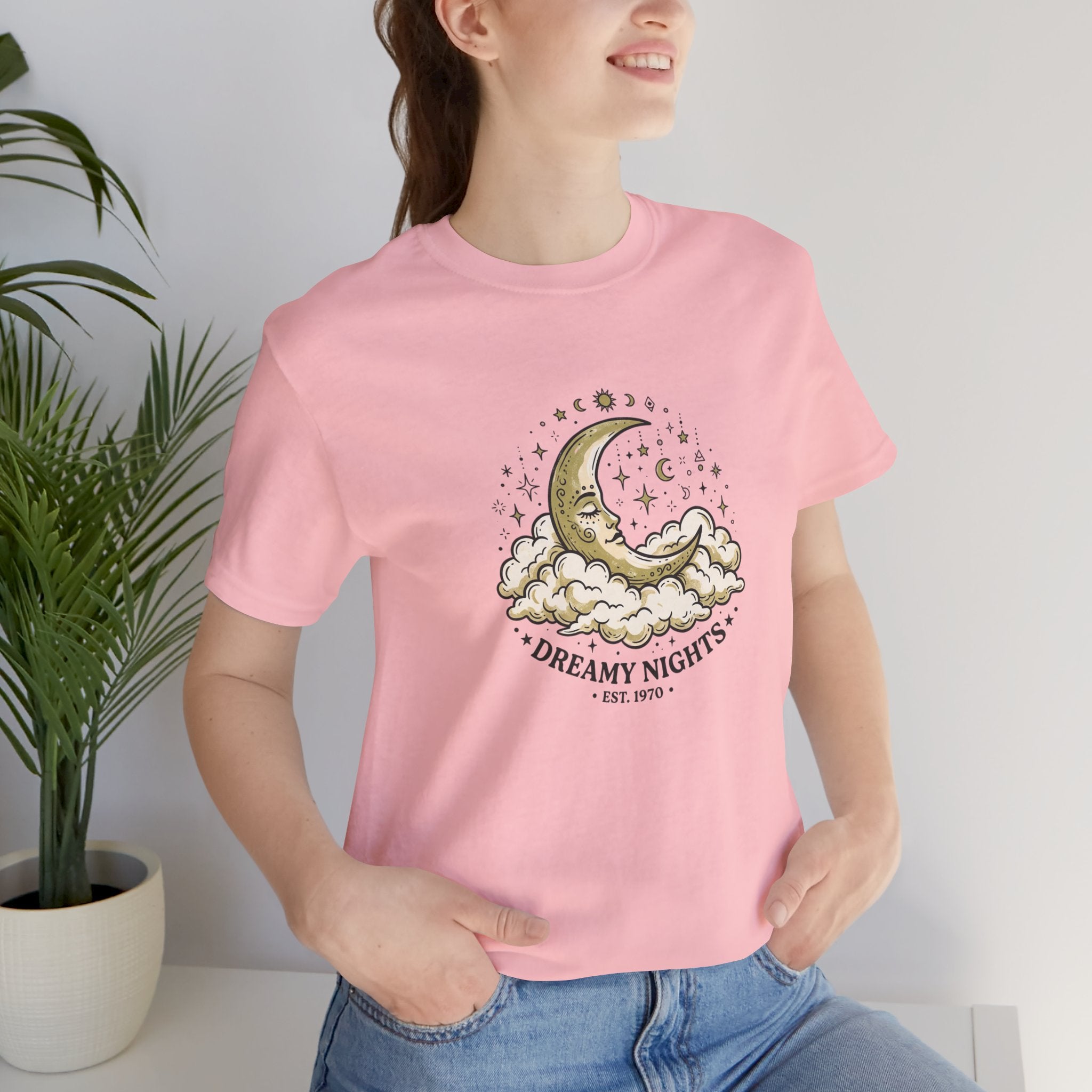 Dreamy Nights Moon Tee — Vintage Crescent Moon & Clouds Shirt