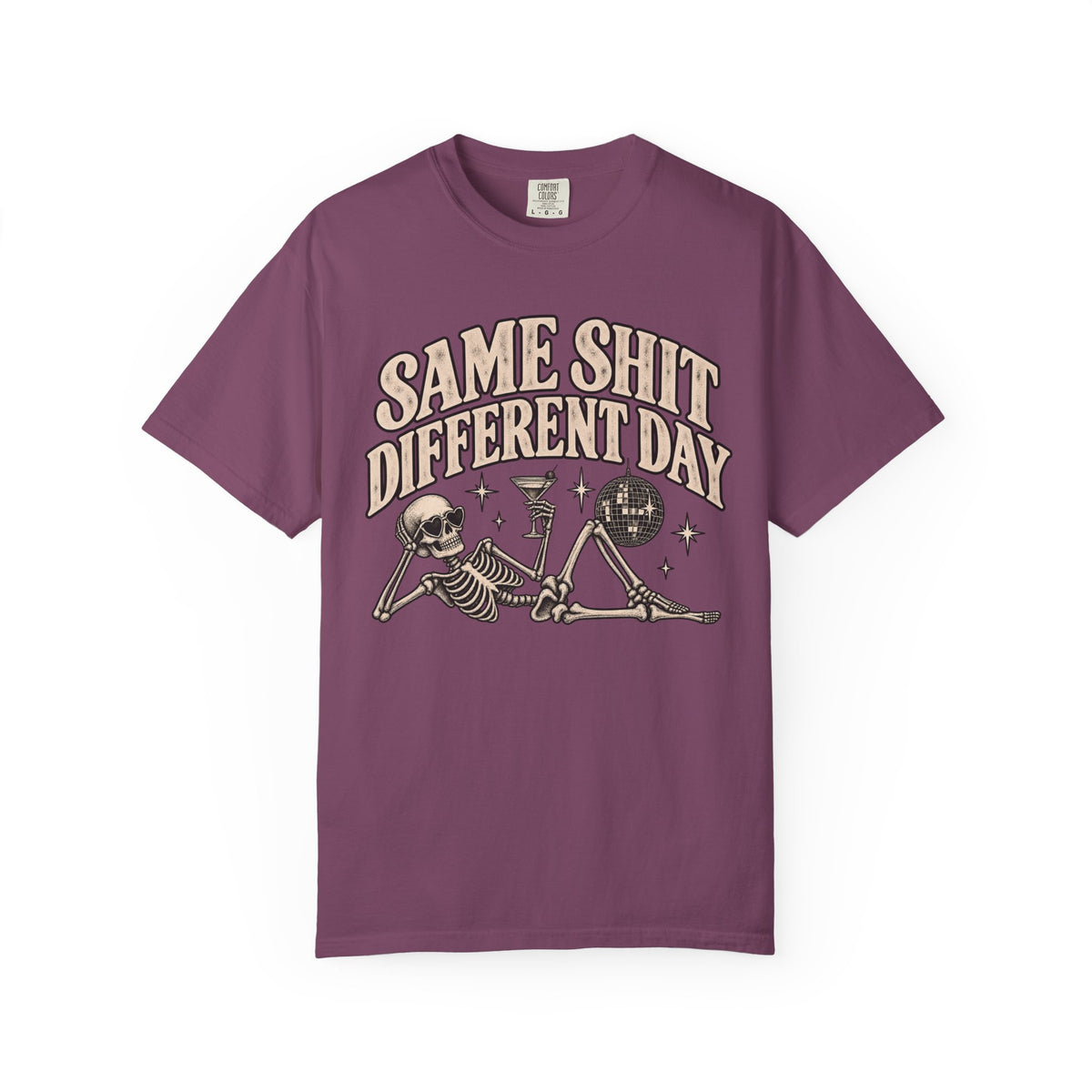 Same Shit Different Day Tee — Retro Skeleton Disco Graphic T-Shirt