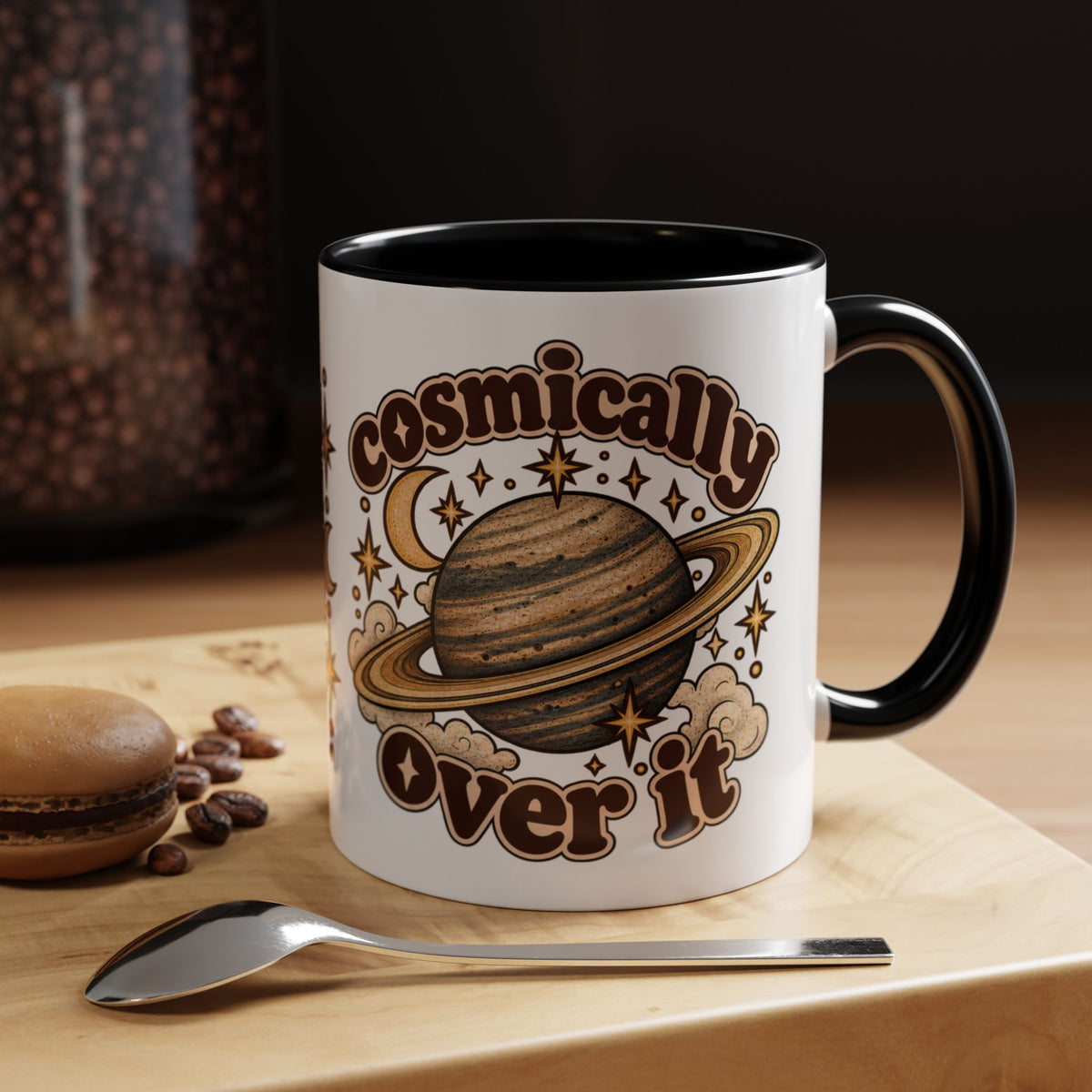 Cosmically Over It Mug — Retro Planet Celestial Ceramic Coffee Mug