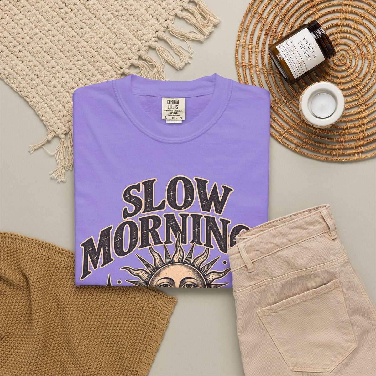 Slow Mornings Tee — Retro Sunrise Garment-Dyed Graphic T-Shirt