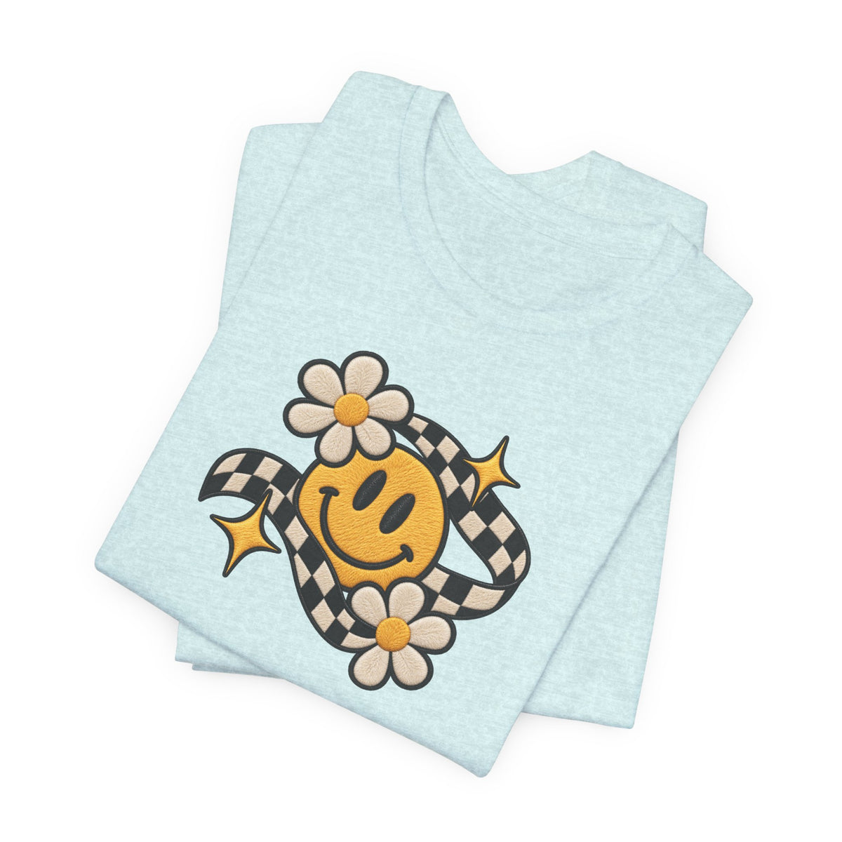 Smiley Flower Checkerboard Tee — Retro Happy Face Graphic T-Shirt