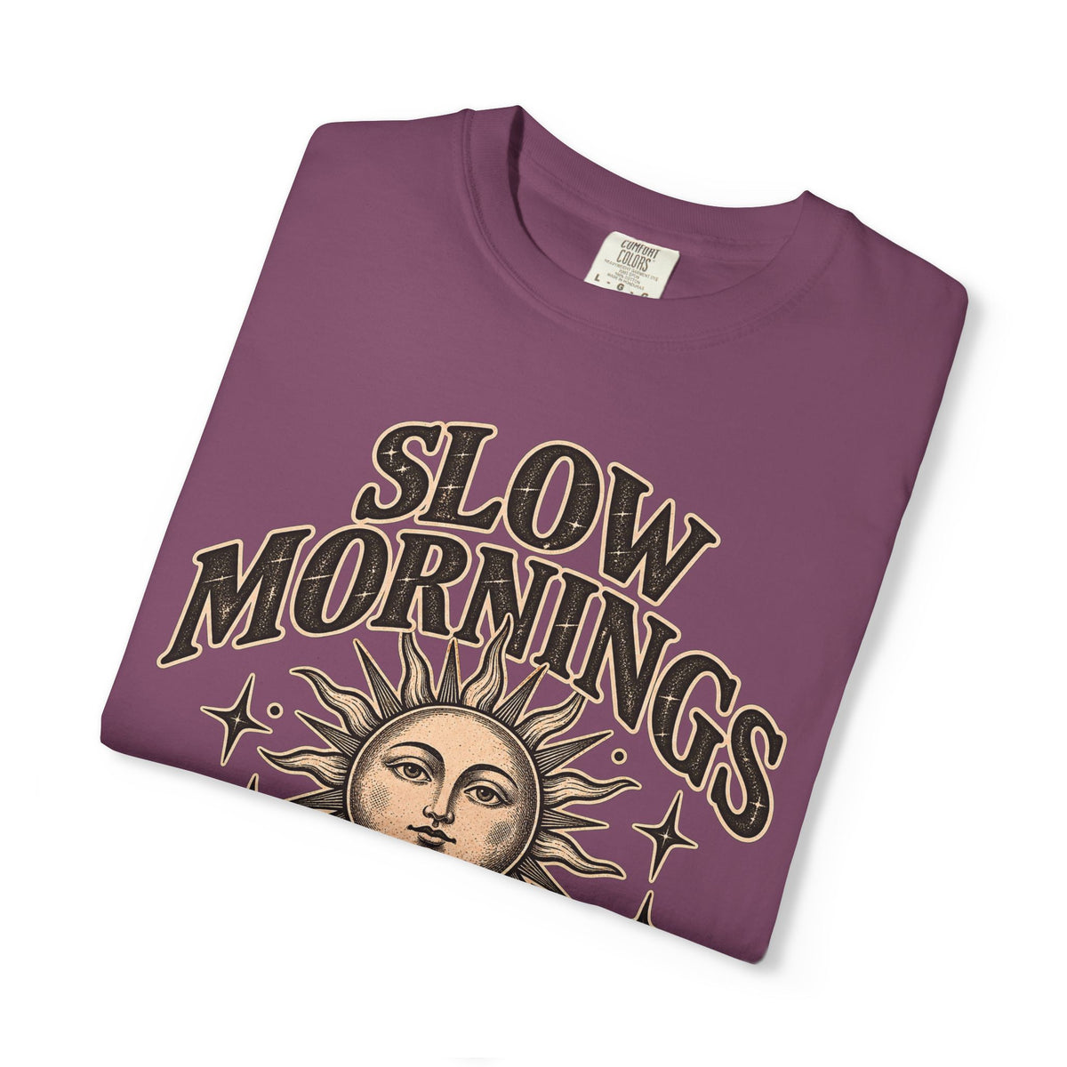 Slow Mornings Tee — Retro Sunrise Garment-Dyed Graphic T-Shirt