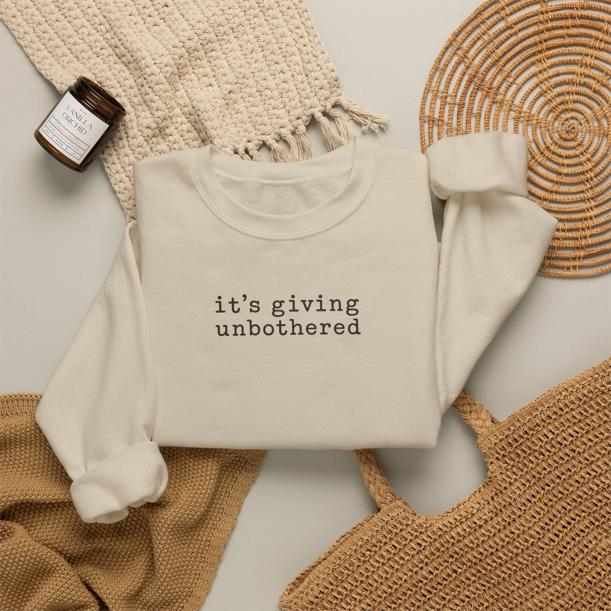Crewneck Sweatshirt — "it's giving unbothered" Minimal Graphic Pullover