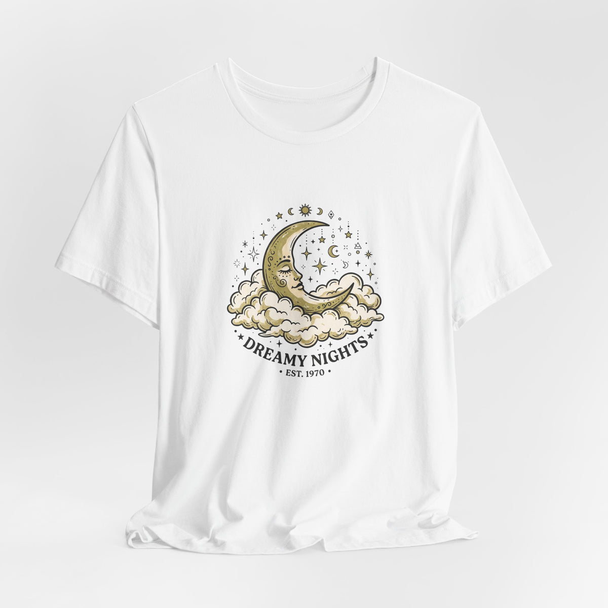 Dreamy Nights Moon Tee — Vintage Crescent Moon & Clouds Shirt