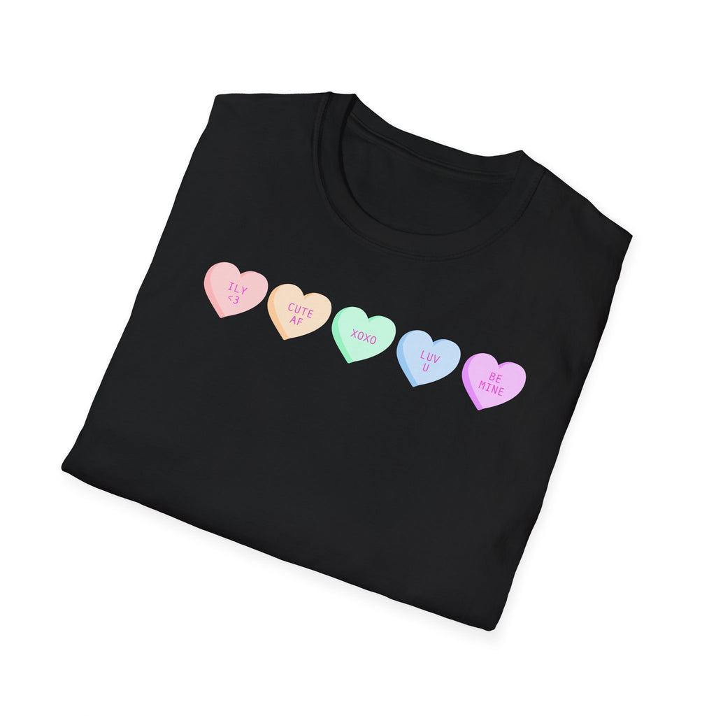 Conversation Heart Candy T-Shirt — Pastel ‘Be Mine, Cute AF, XOXO, Luv U’ Graphic