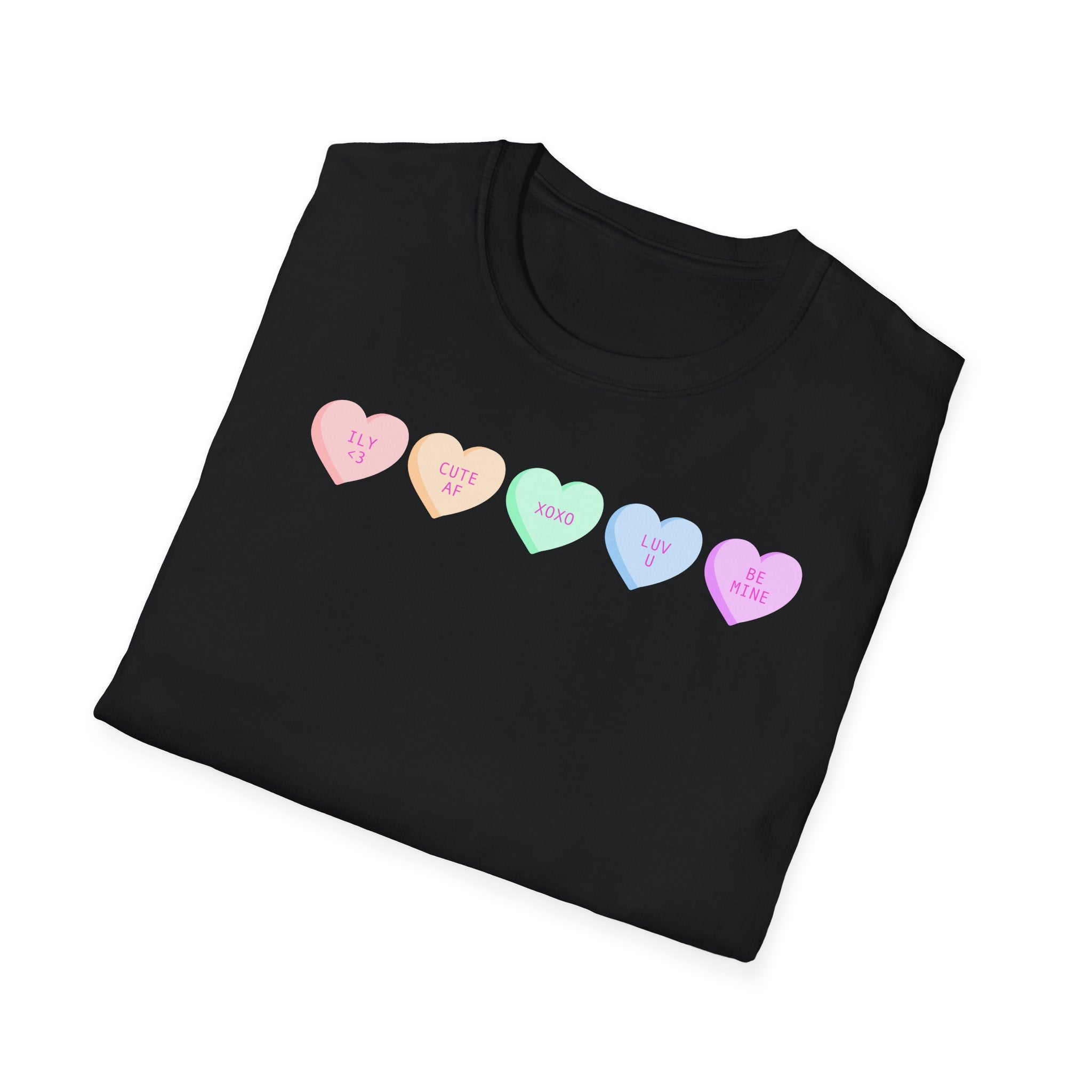 Conversation Heart Candy T-Shirt — Pastel ‘Be Mine, Cute AF, XOXO, Luv U’ Graphic