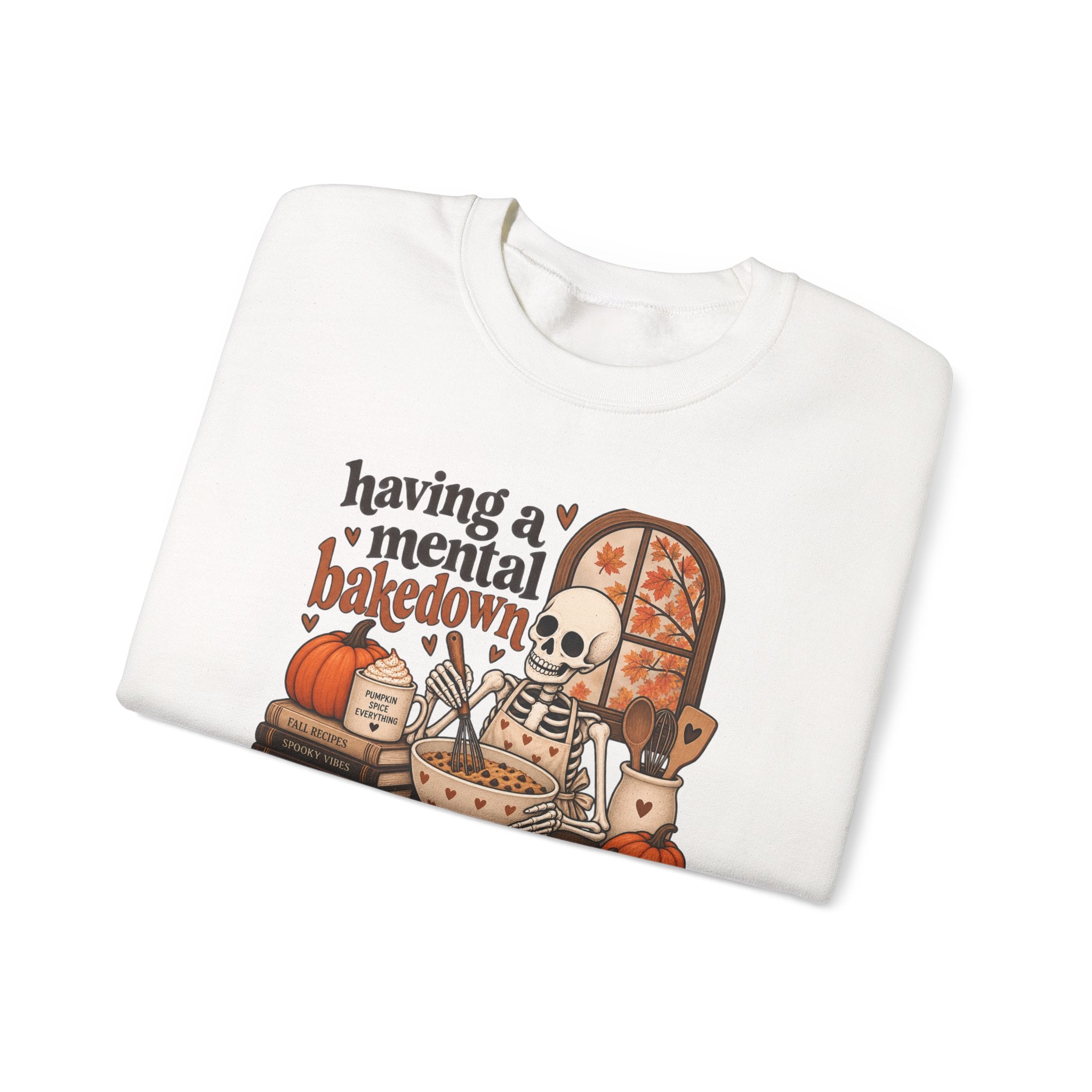 Fall Baking Skeleton Sweatshirt – “Having a Mental Bakedown” Cozy Halloween Crewneck