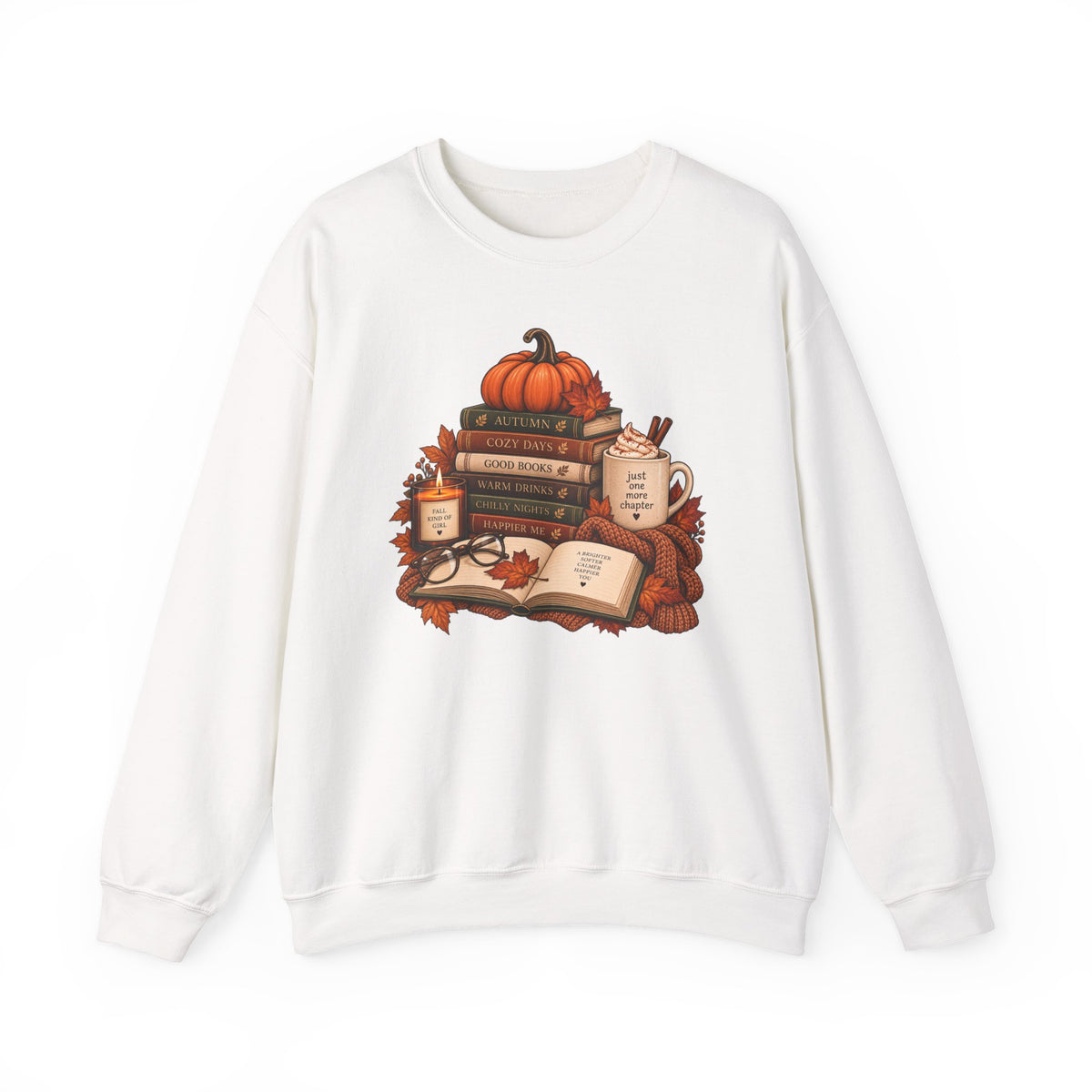 Fall Bookstack Crewneck Sweatshirt — Cozy Pumpkin Reading Vibes