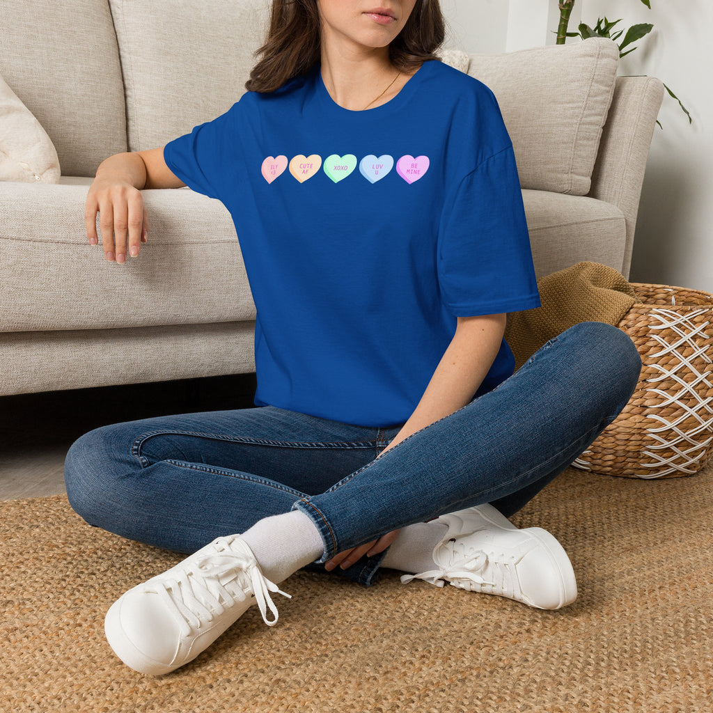 Conversation Heart Candy T-Shirt — Pastel ‘Be Mine, Cute AF, XOXO, Luv U’ Graphic