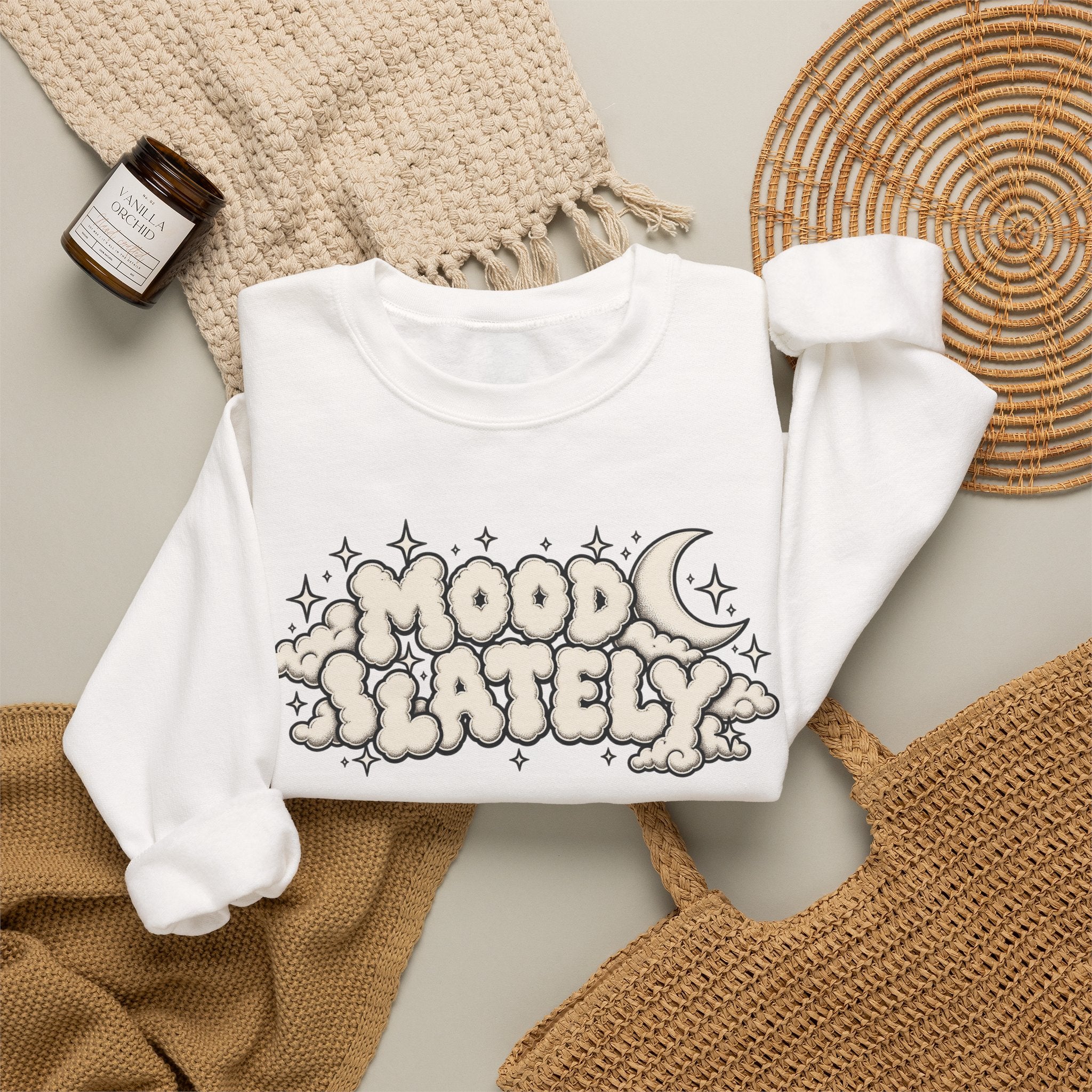Mood Lately Crewneck Sweatshirt — Retro Cloud Lettering Graphic Pullover