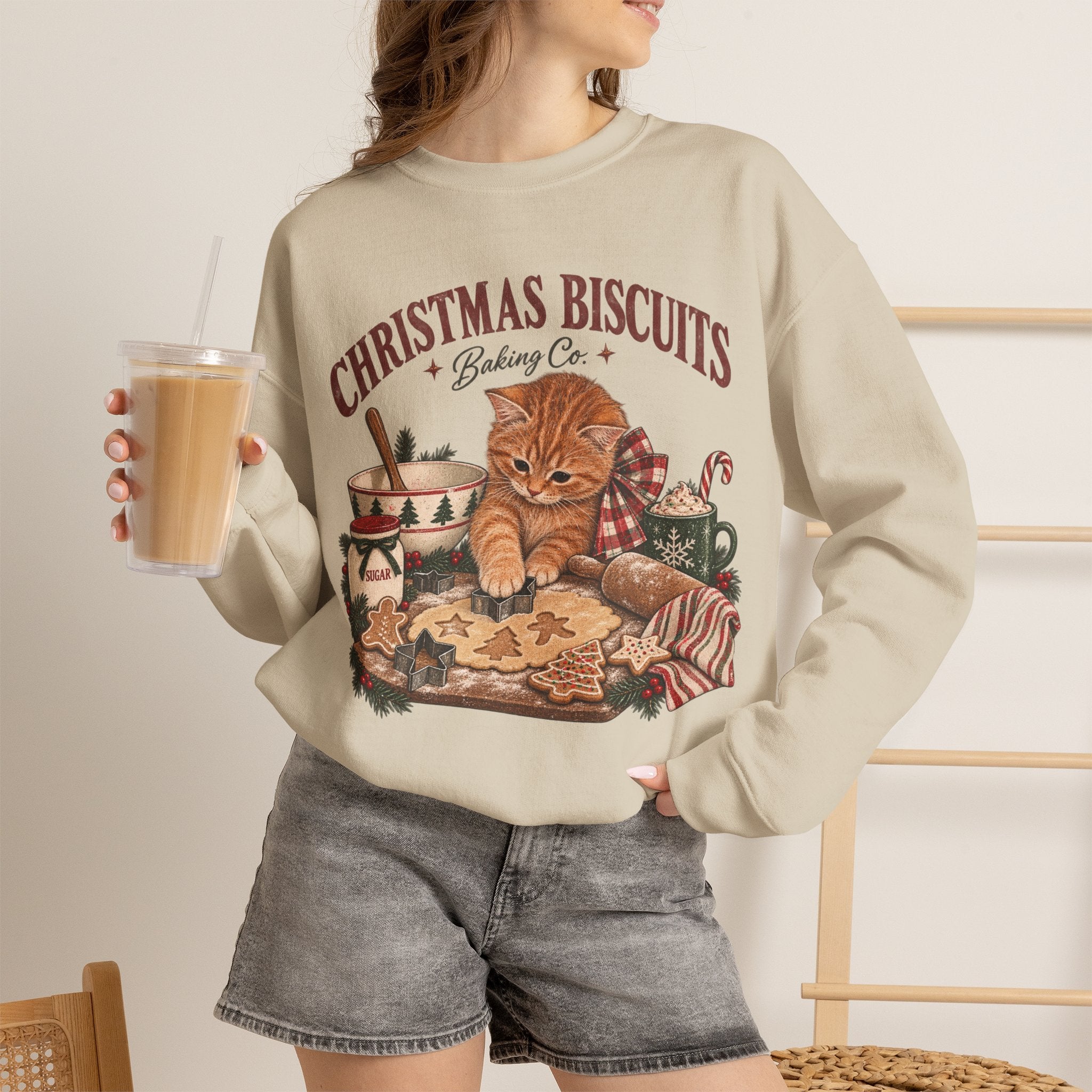 Crewneck Sweatshirt — Christmas Biscuits Baking Co. Cat Holiday Sweatshirt