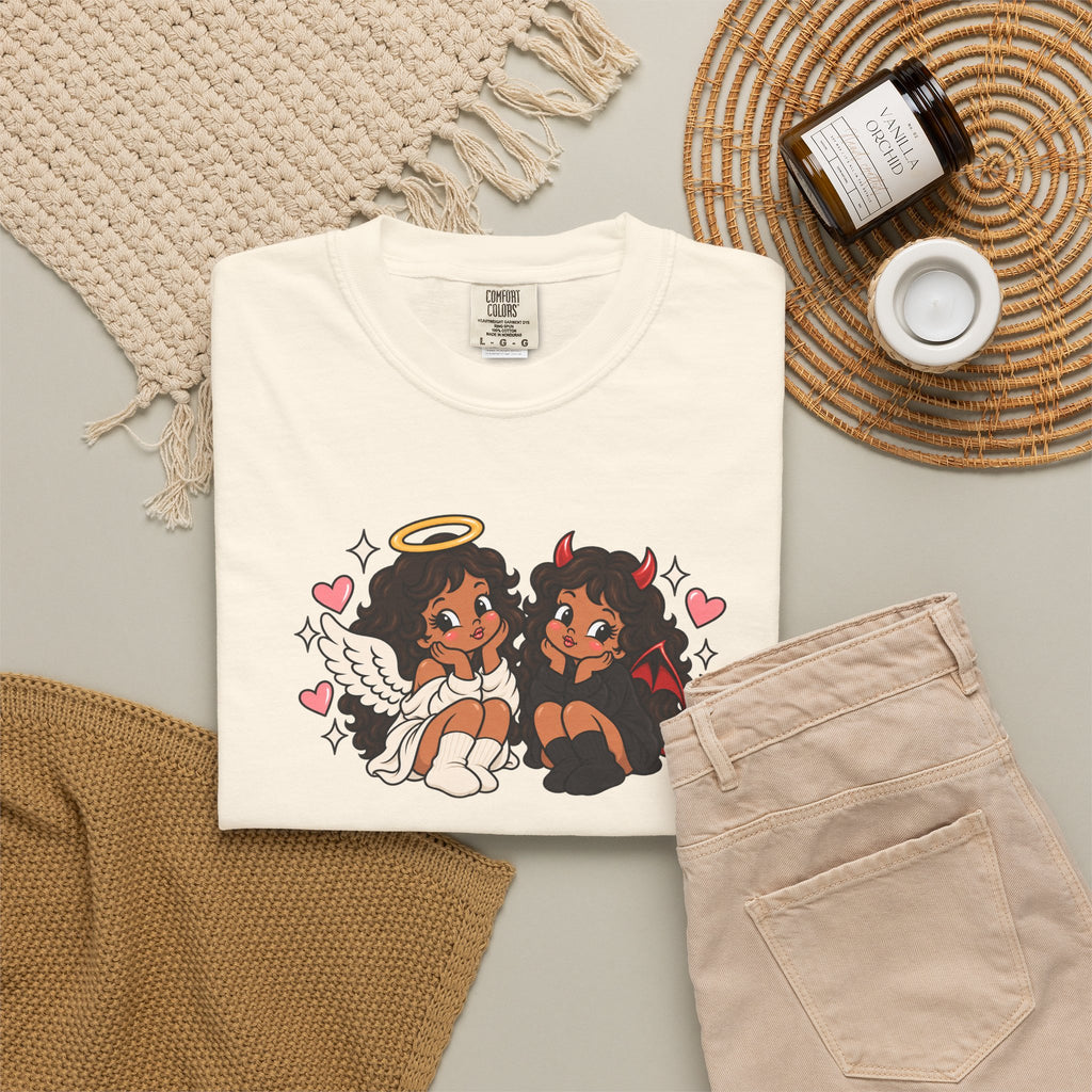 Angel and Devil Cute Graphic Tee — Kawaii Couple Illustration T-Shirt