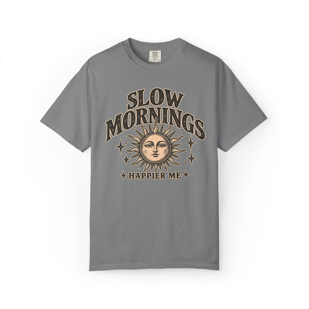 Slow Mornings Tee — Retro Sunrise Garment-Dyed Graphic T-Shirt
