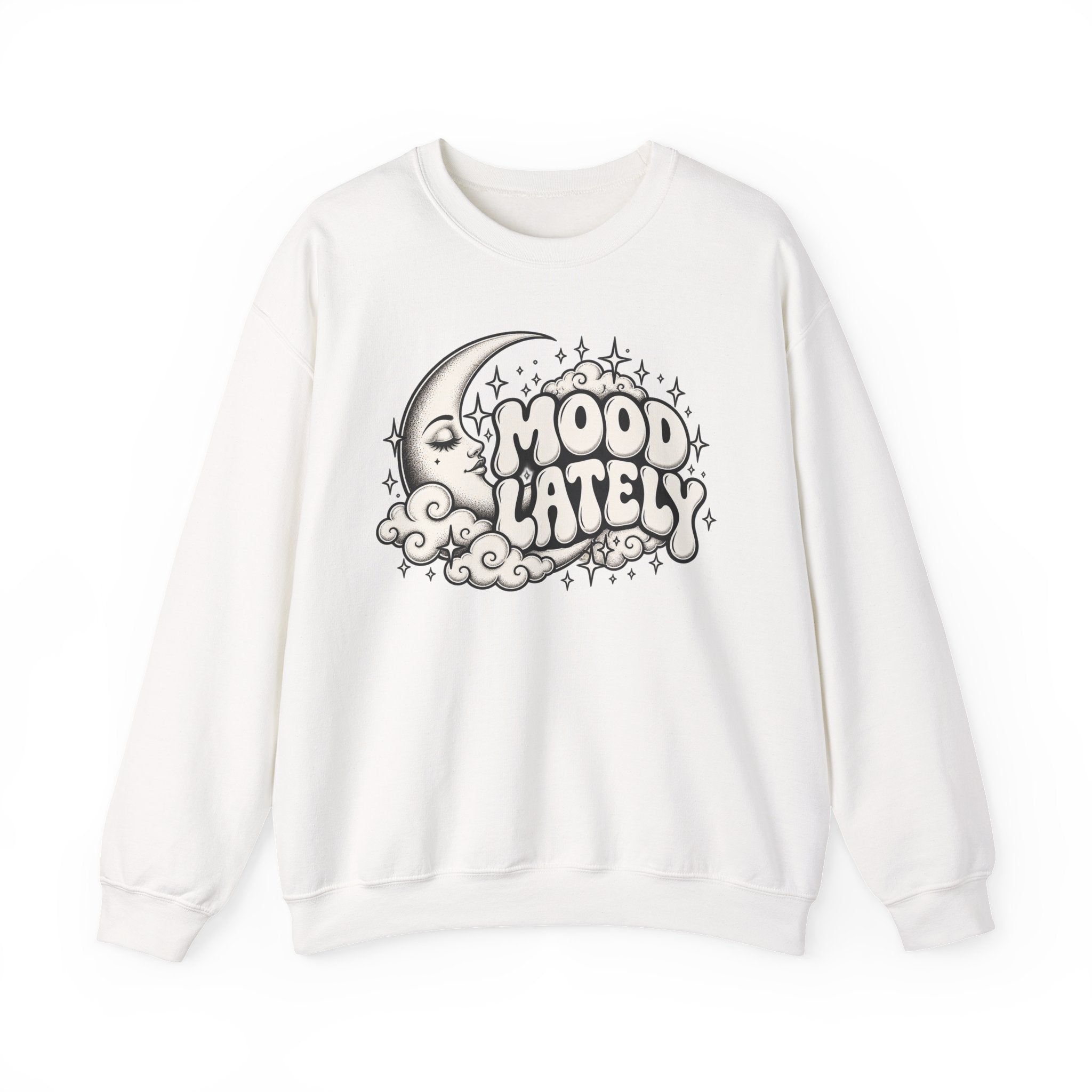 Mood Lately Crewneck Sweatshirt — Retro Moon & Cloud Graphic