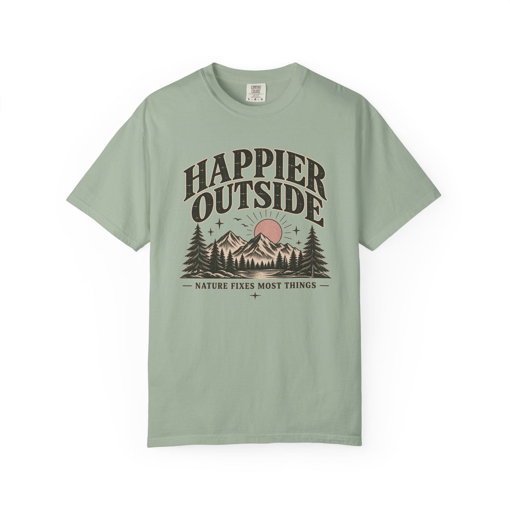 Happier Outside Tee — Nature Lover Graphic Garment-Dyed T-Shirt