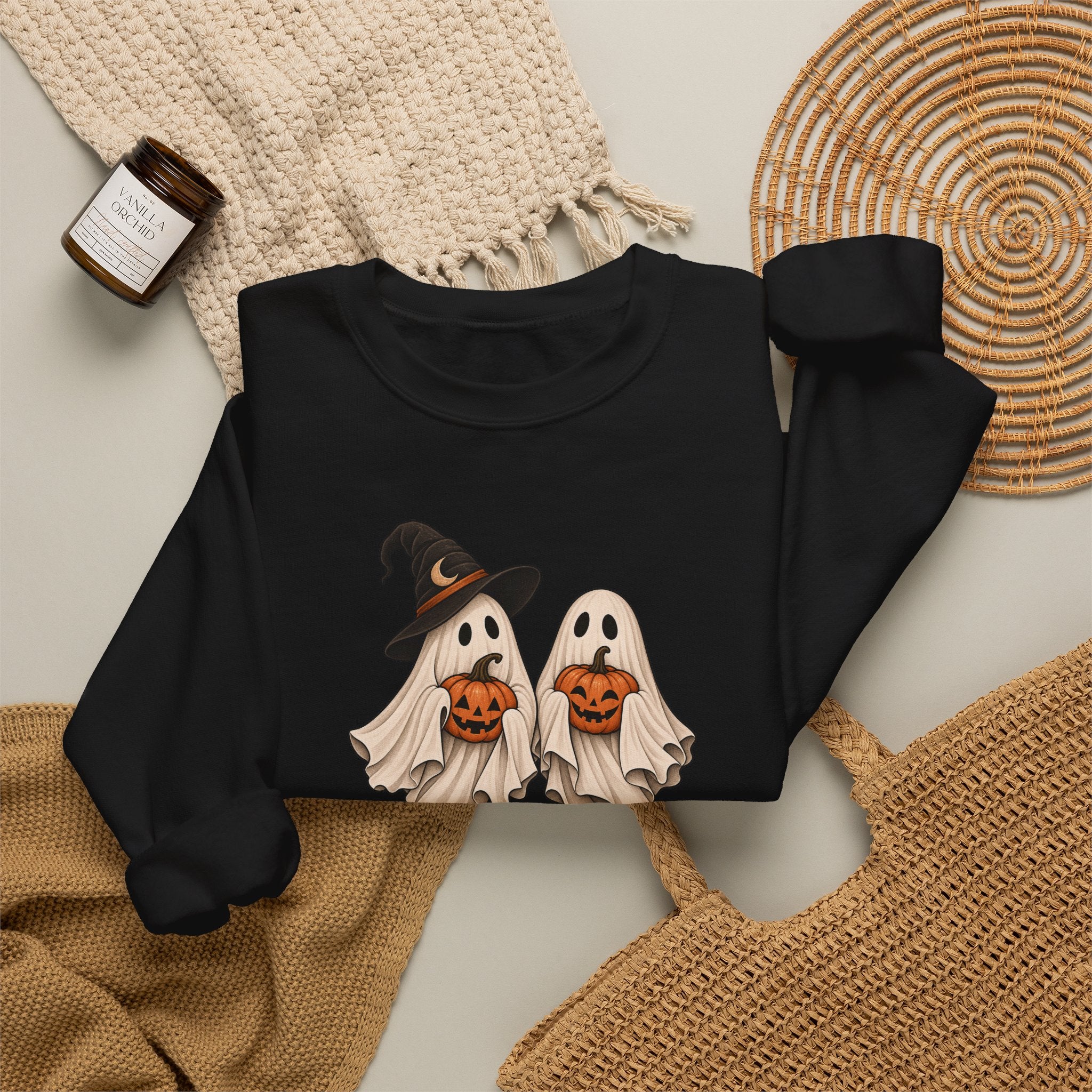 Halloween Ghosts Crewneck Sweatshirt — Cute Witch & Ghost Trick-or-Treat Design