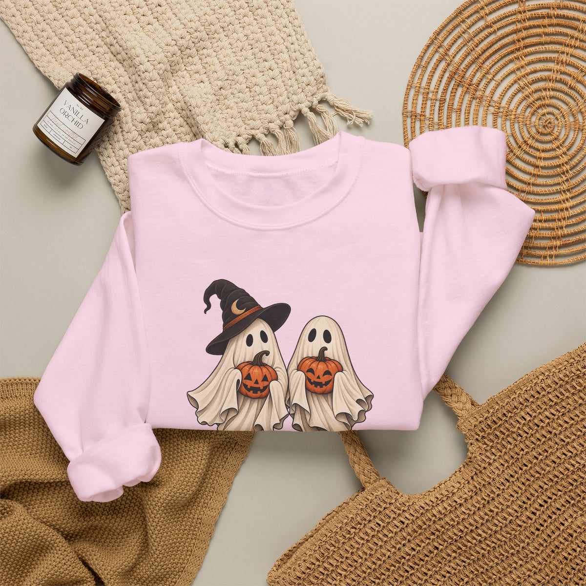 Halloween Ghosts Crewneck Sweatshirt — Cute Witch & Ghost Trick-or-Treat Design