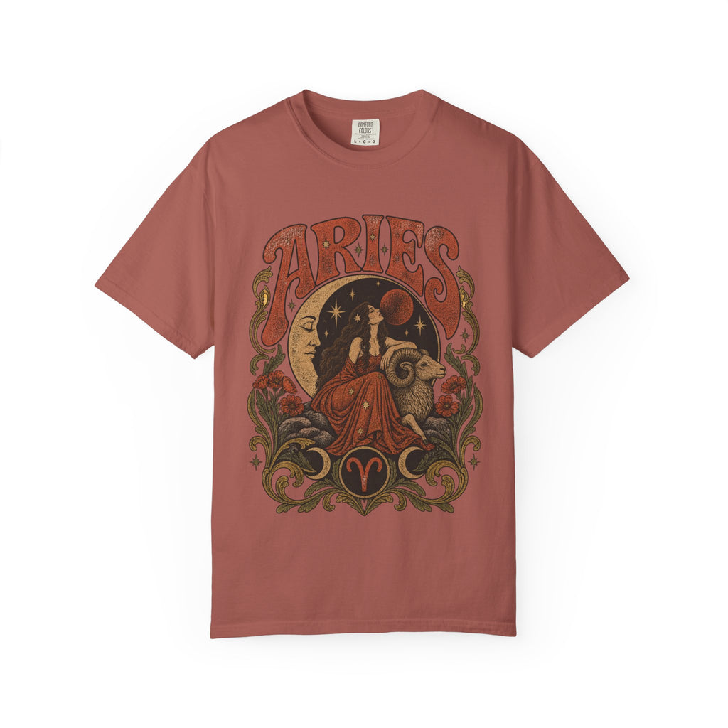 Aries Zodiac T‑Shirt — Vintage Moon & Ram Astrology Tee