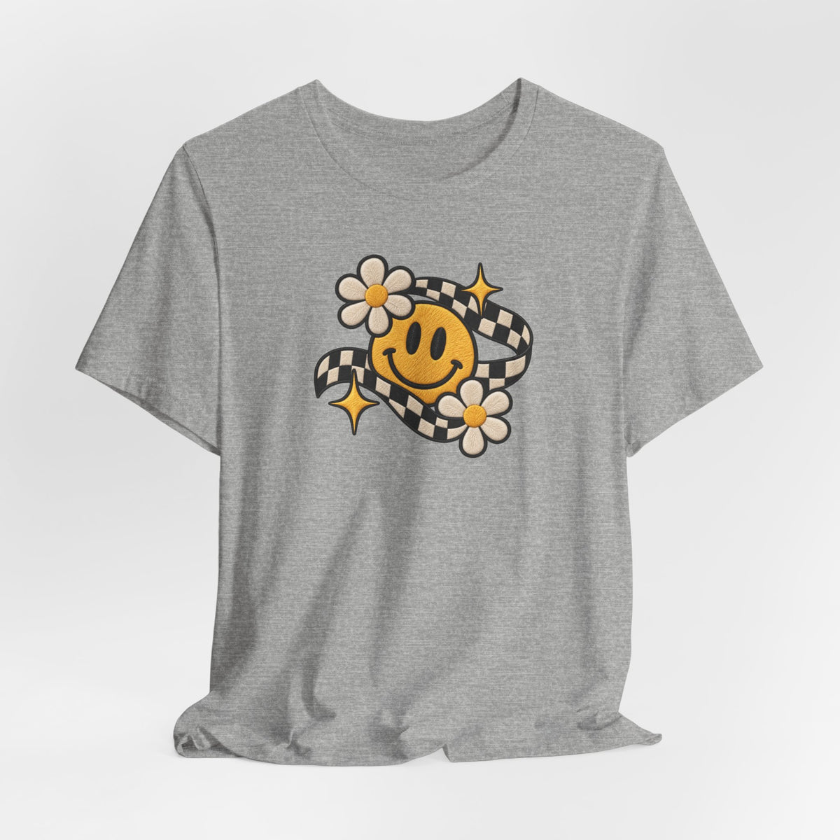 Smiley Flower Checkerboard Tee — Retro Happy Face Graphic T-Shirt