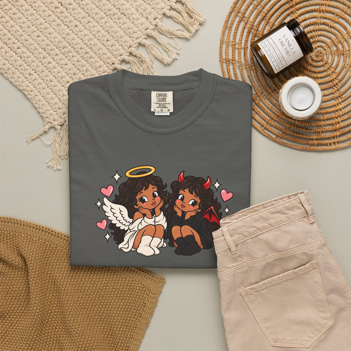 Angel and Devil Cute Graphic Tee — Kawaii Couple Illustration T-Shirt