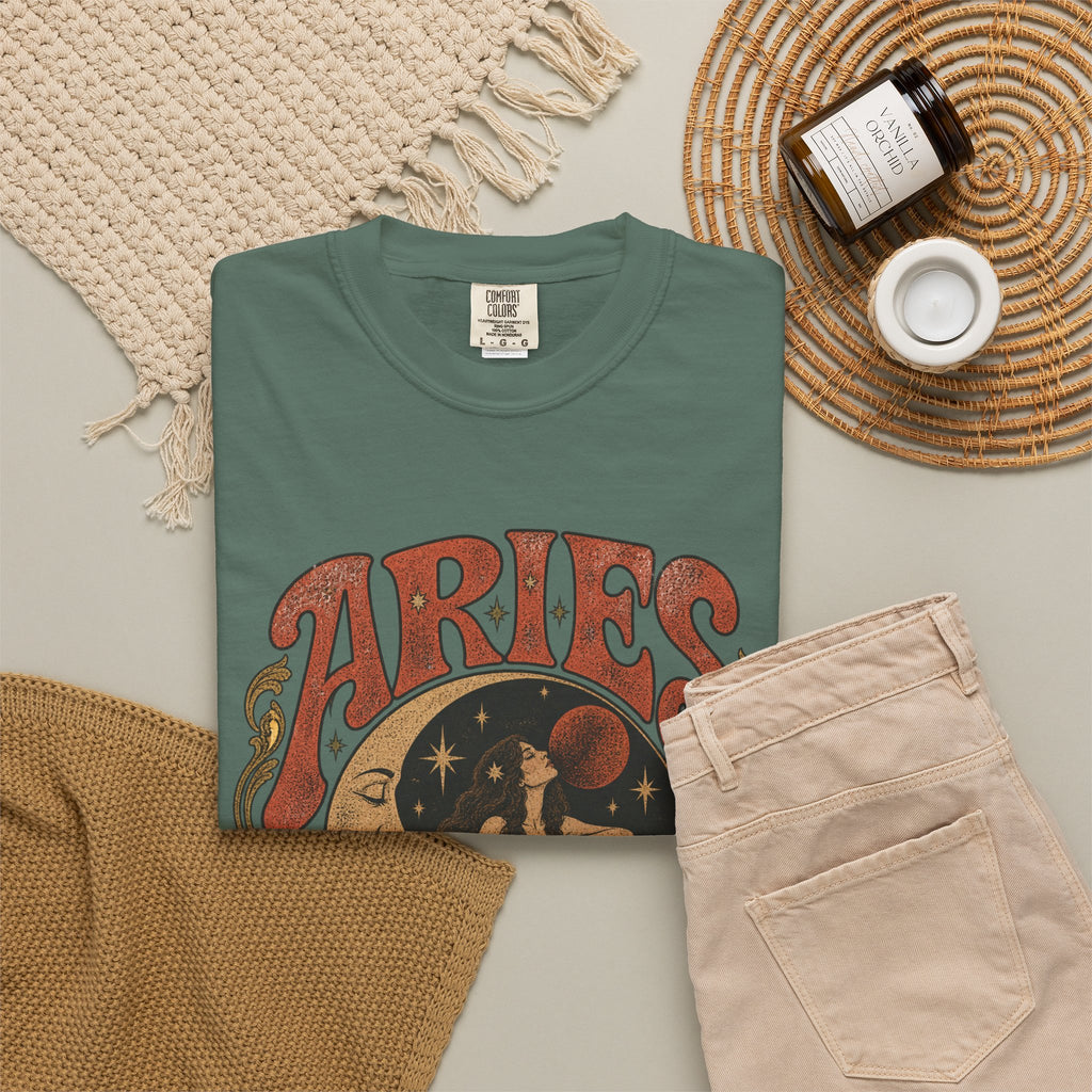 Aries Zodiac T‑Shirt — Vintage Moon & Ram Astrology Tee