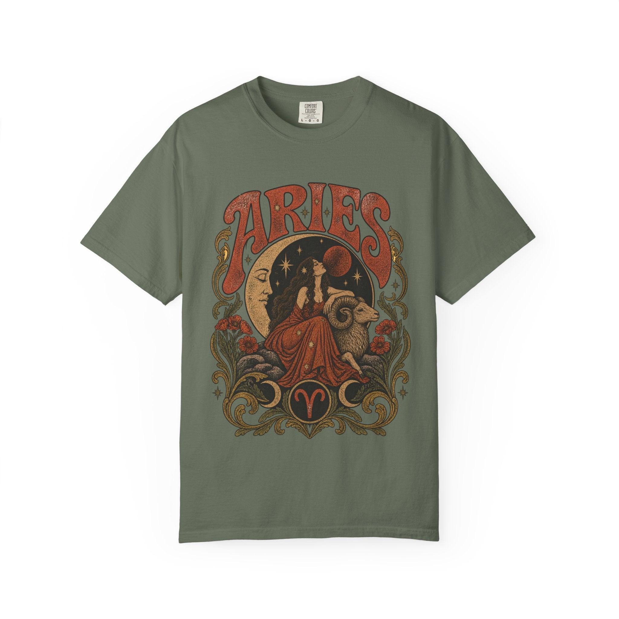 Aries Zodiac T‑Shirt — Vintage Moon & Ram Astrology Tee