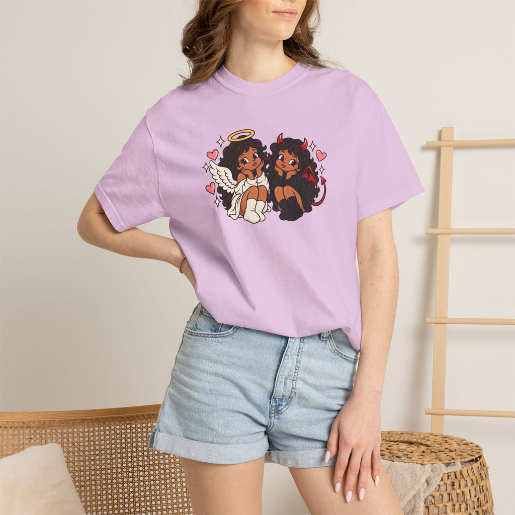 Angel and Devil Cute Graphic Tee — Kawaii Couple Illustration T-Shirt