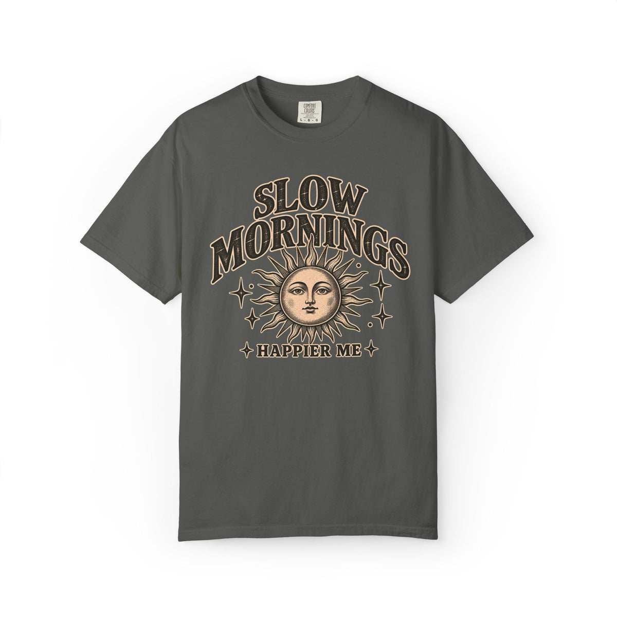 Slow Mornings Tee — Retro Sunrise Garment-Dyed Graphic T-Shirt