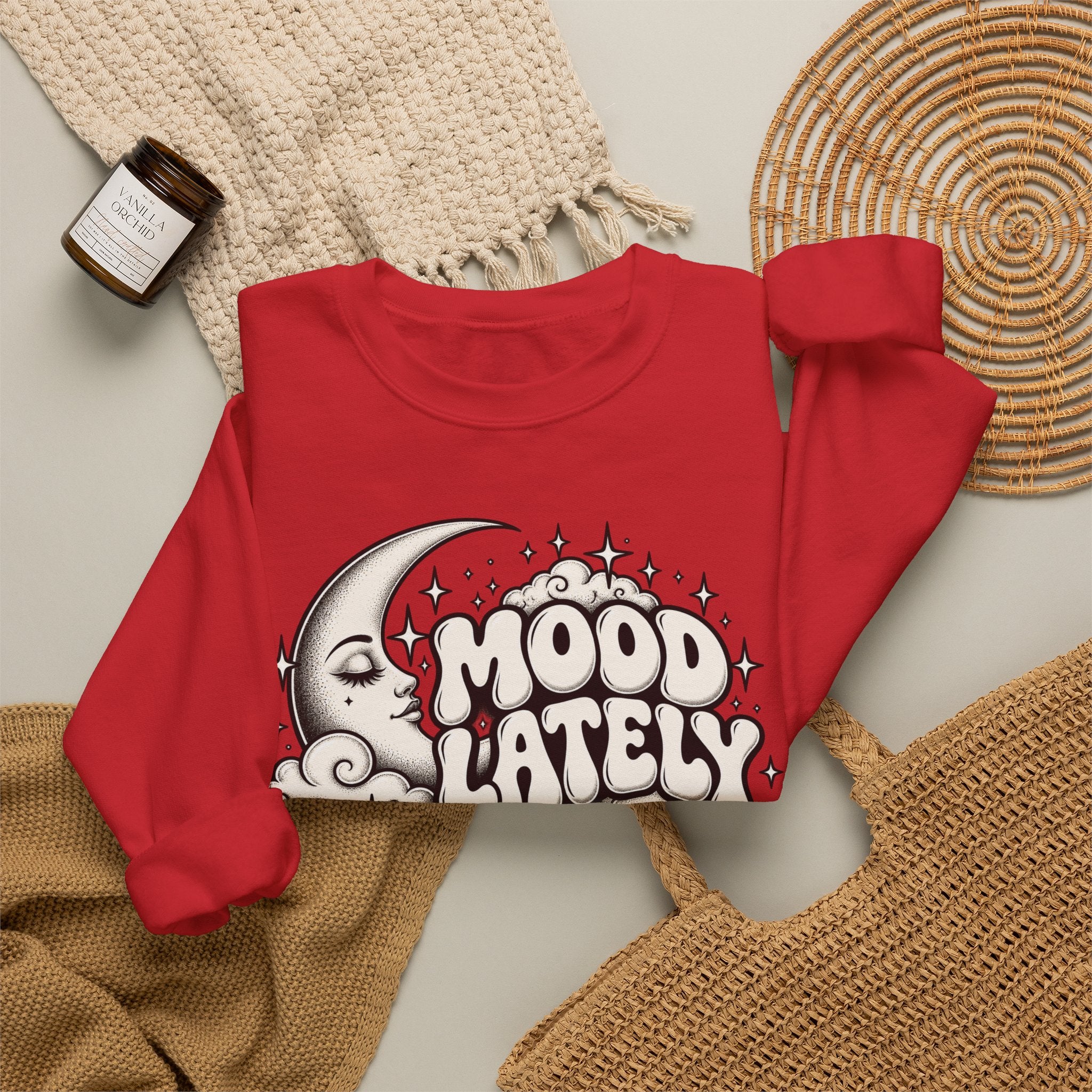Mood Lately Crewneck Sweatshirt — Retro Moon & Cloud Graphic
