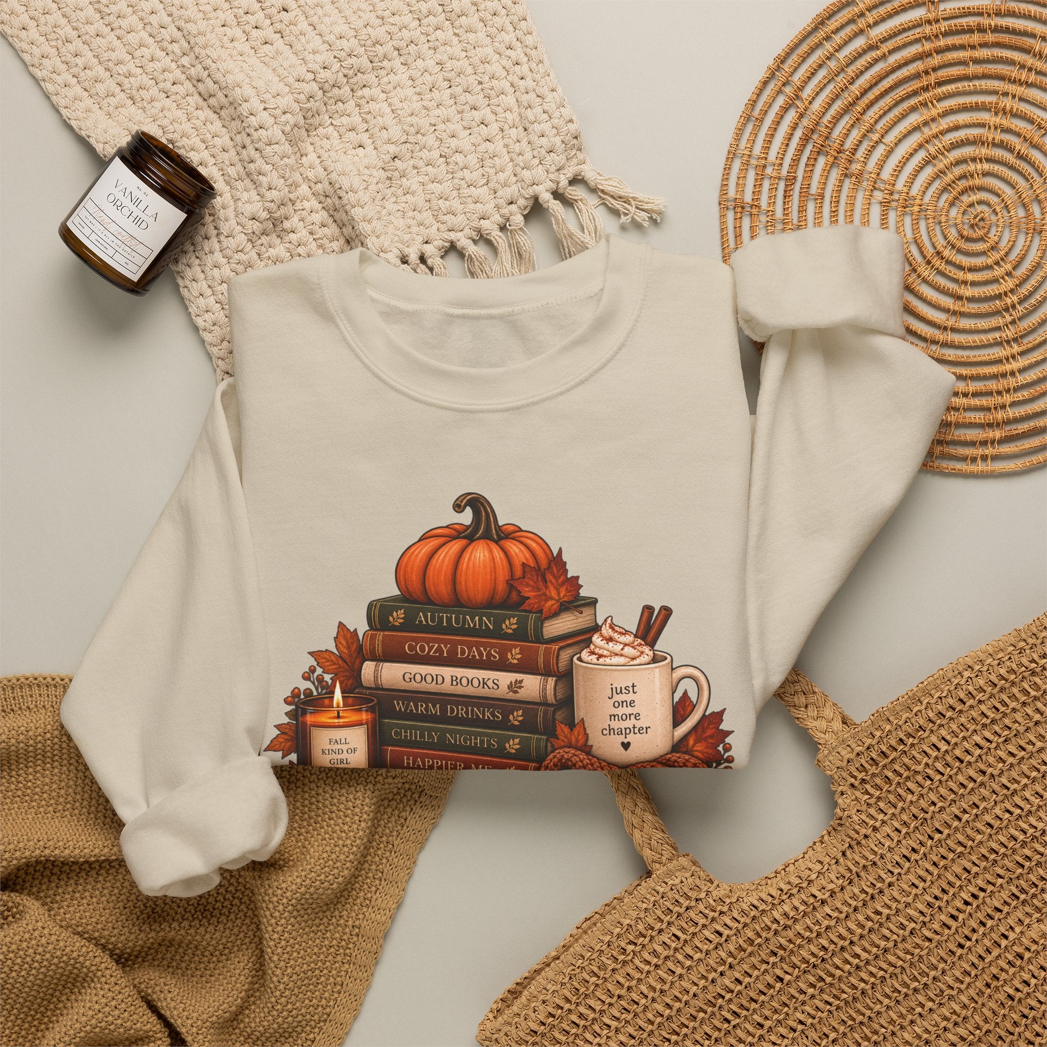 Fall Bookstack Crewneck Sweatshirt — Cozy Pumpkin Reading Vibes