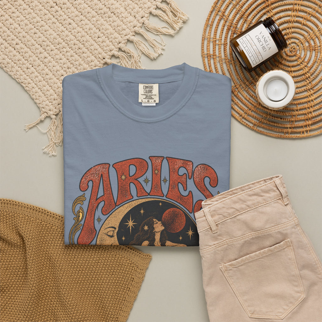 Aries Zodiac T‑Shirt — Vintage Moon & Ram Astrology Tee