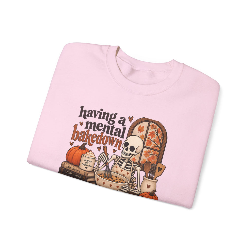 Fall Baking Skeleton Sweatshirt – “Having a Mental Bakedown” Cozy Halloween Crewneck