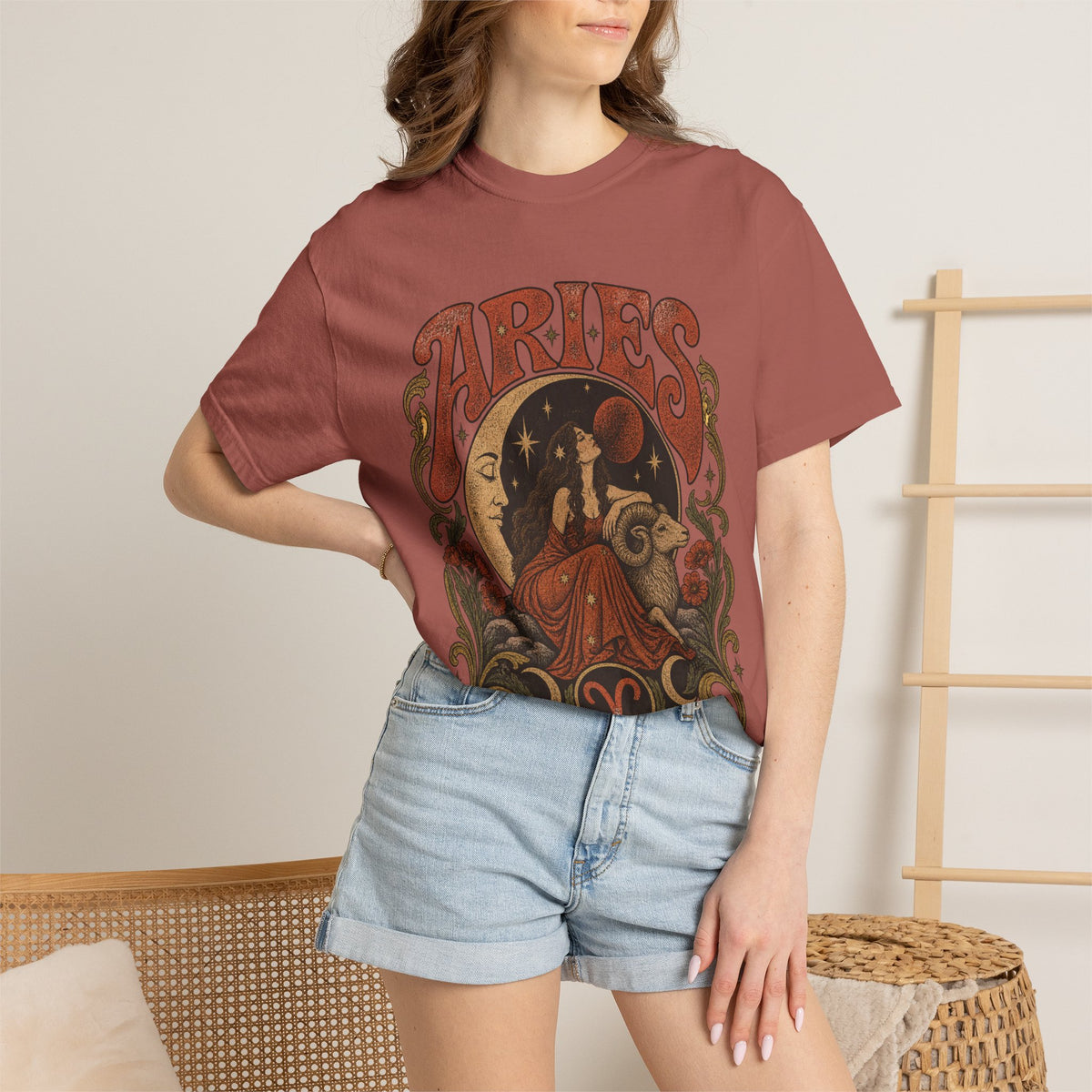 Aries Zodiac T‑Shirt — Vintage Moon & Ram Astrology Tee