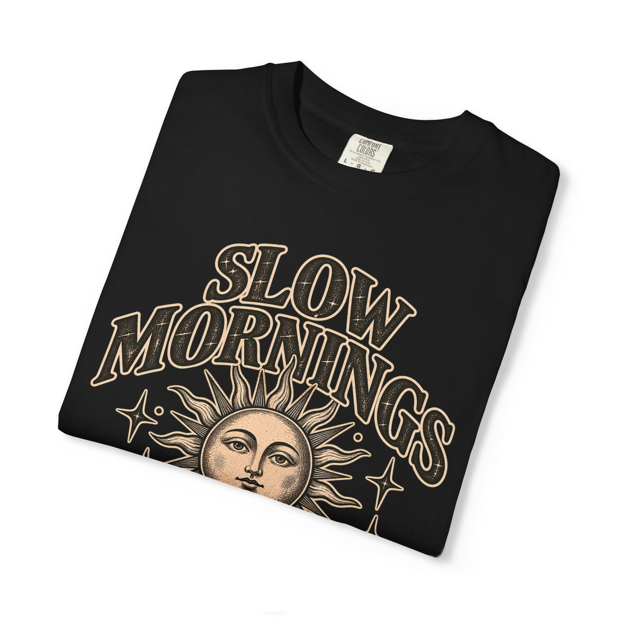 Slow Mornings Tee — Retro Sunrise Garment-Dyed Graphic T-Shirt