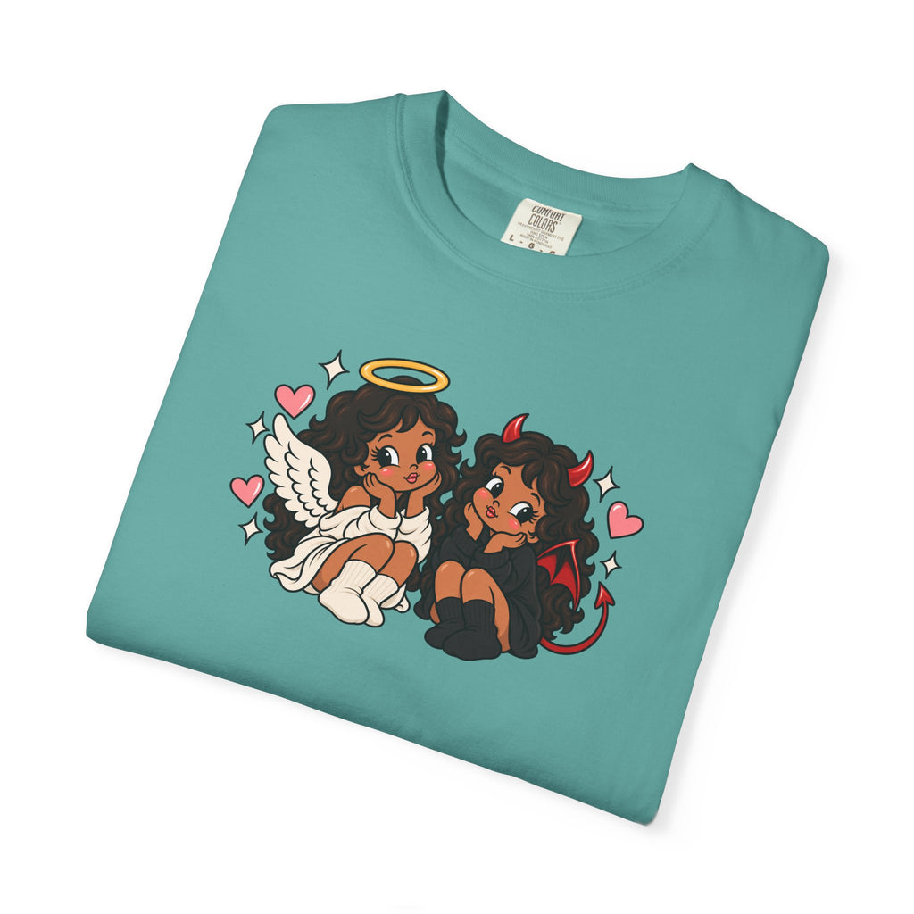 Angel and Devil Cute Graphic Tee — Kawaii Couple Illustration T-Shirt