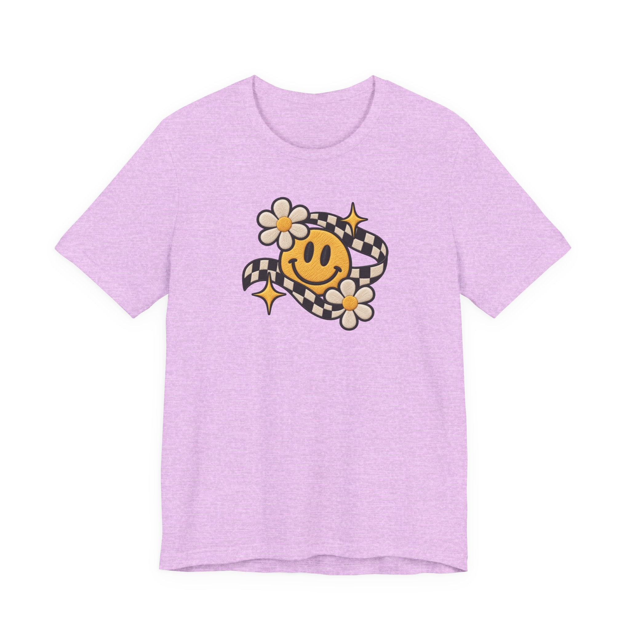 Smiley Flower Checkerboard Tee — Retro Happy Face Graphic T-Shirt