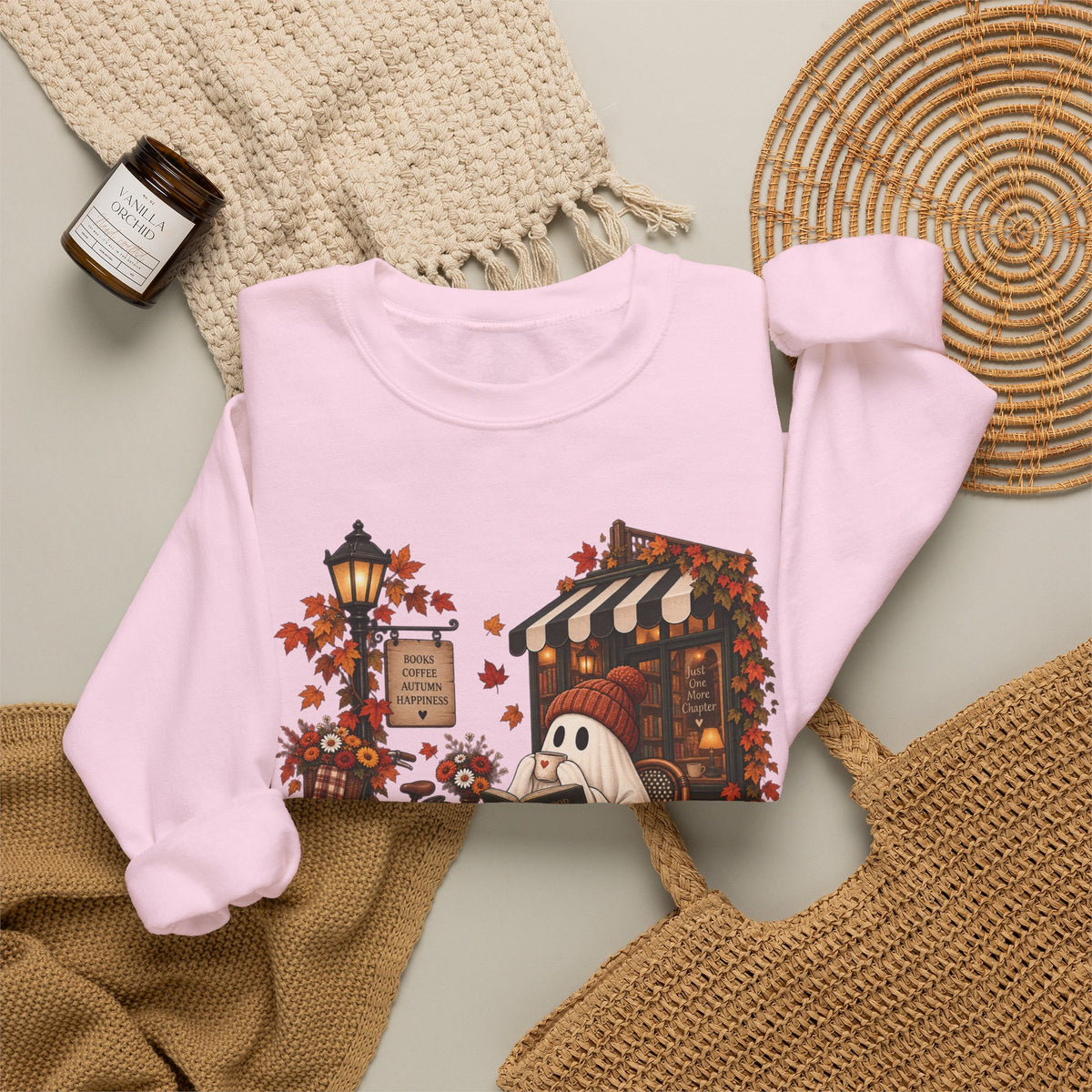 Autumn Ghost Café Sweatshirt — Cozy Fall Pumpkin Patch Crewneck