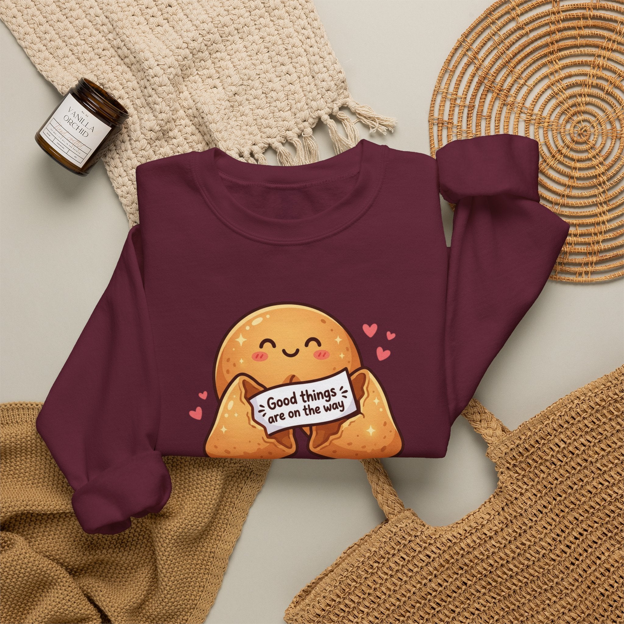 Crewneck Sweatshirt — Cute Fortune Cookie Graphic “Good Things Are On The Way”