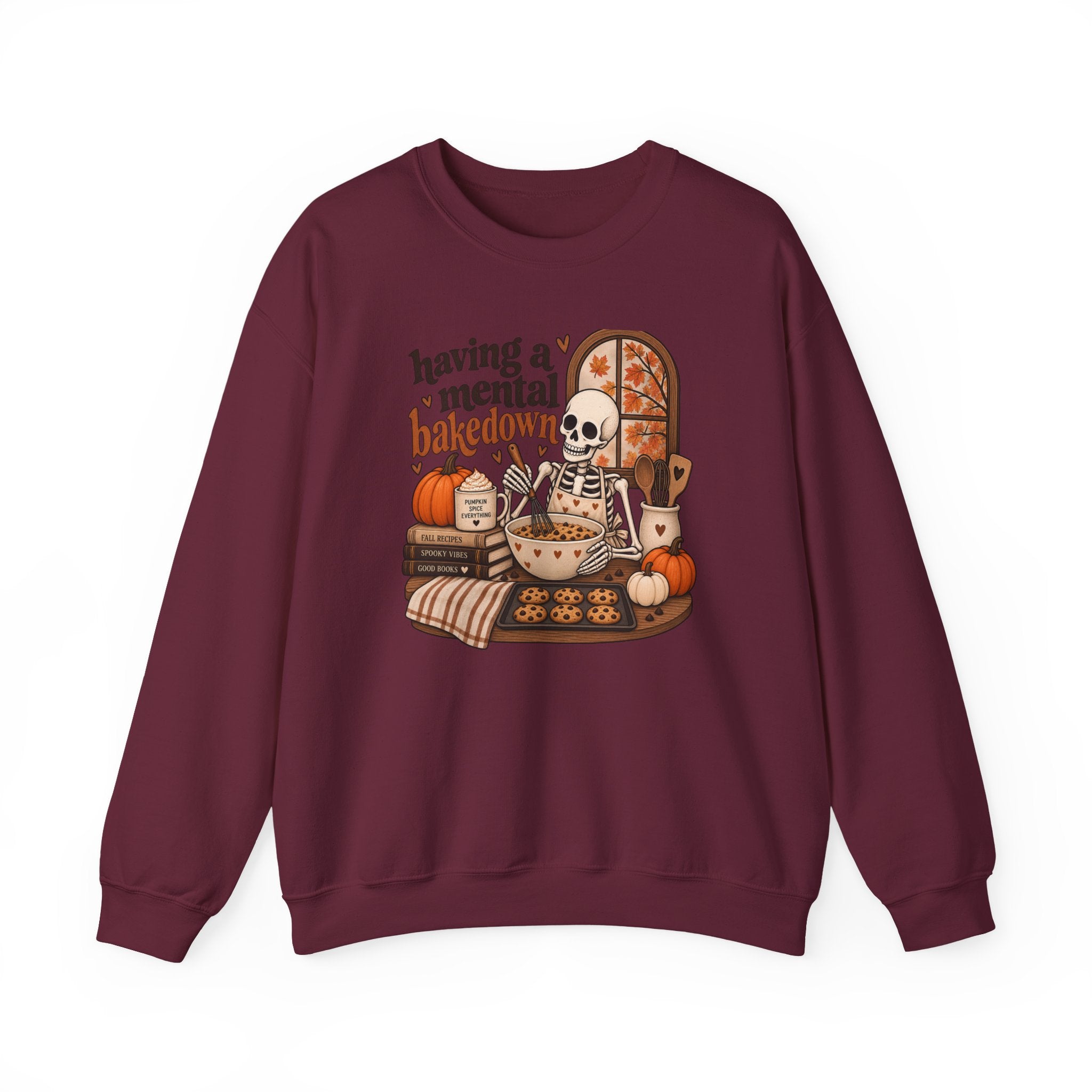 Fall Baking Skeleton Sweatshirt – “Having a Mental Bakedown” Cozy Halloween Crewneck