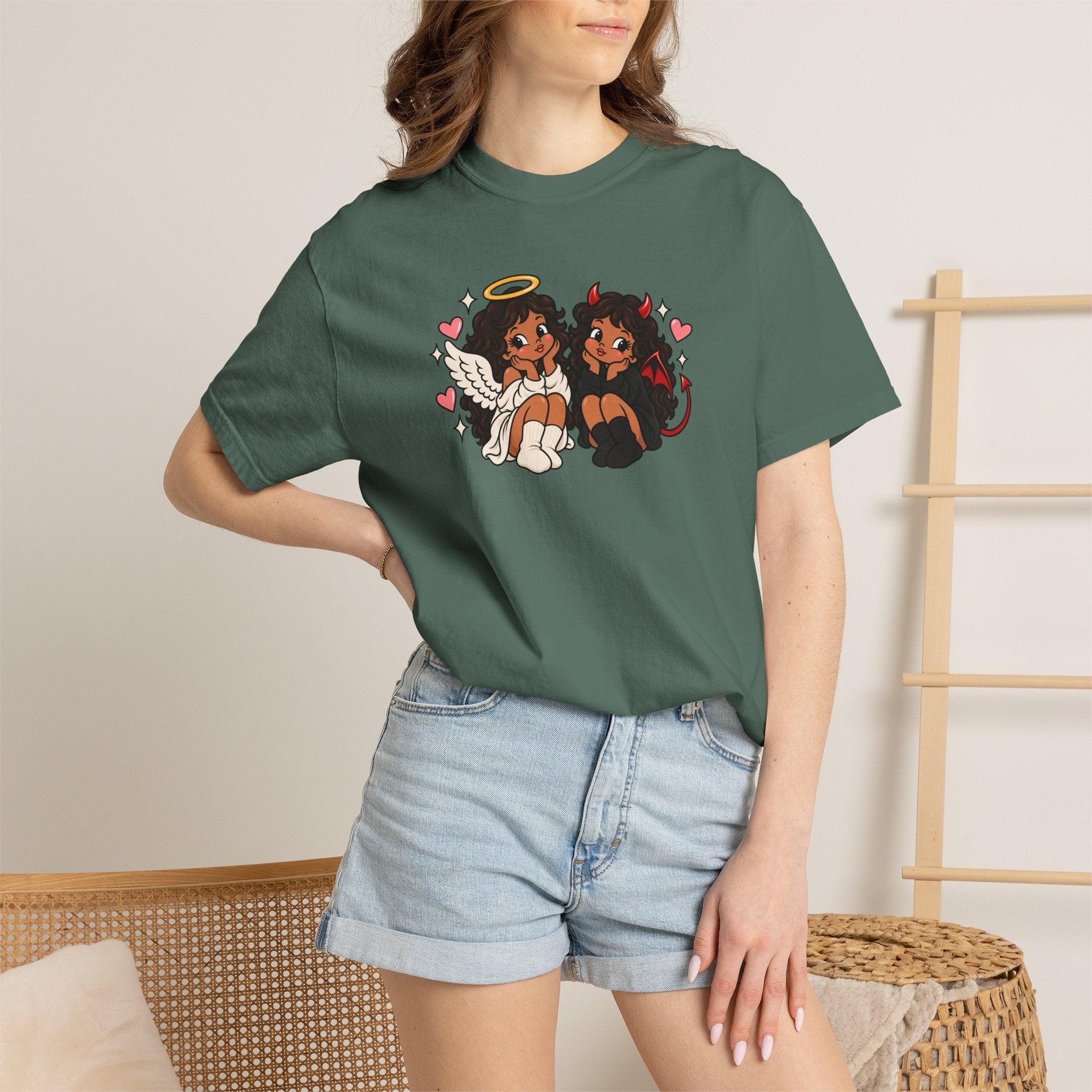 Angel and Devil Cute Graphic Tee — Kawaii Couple Illustration T-Shirt