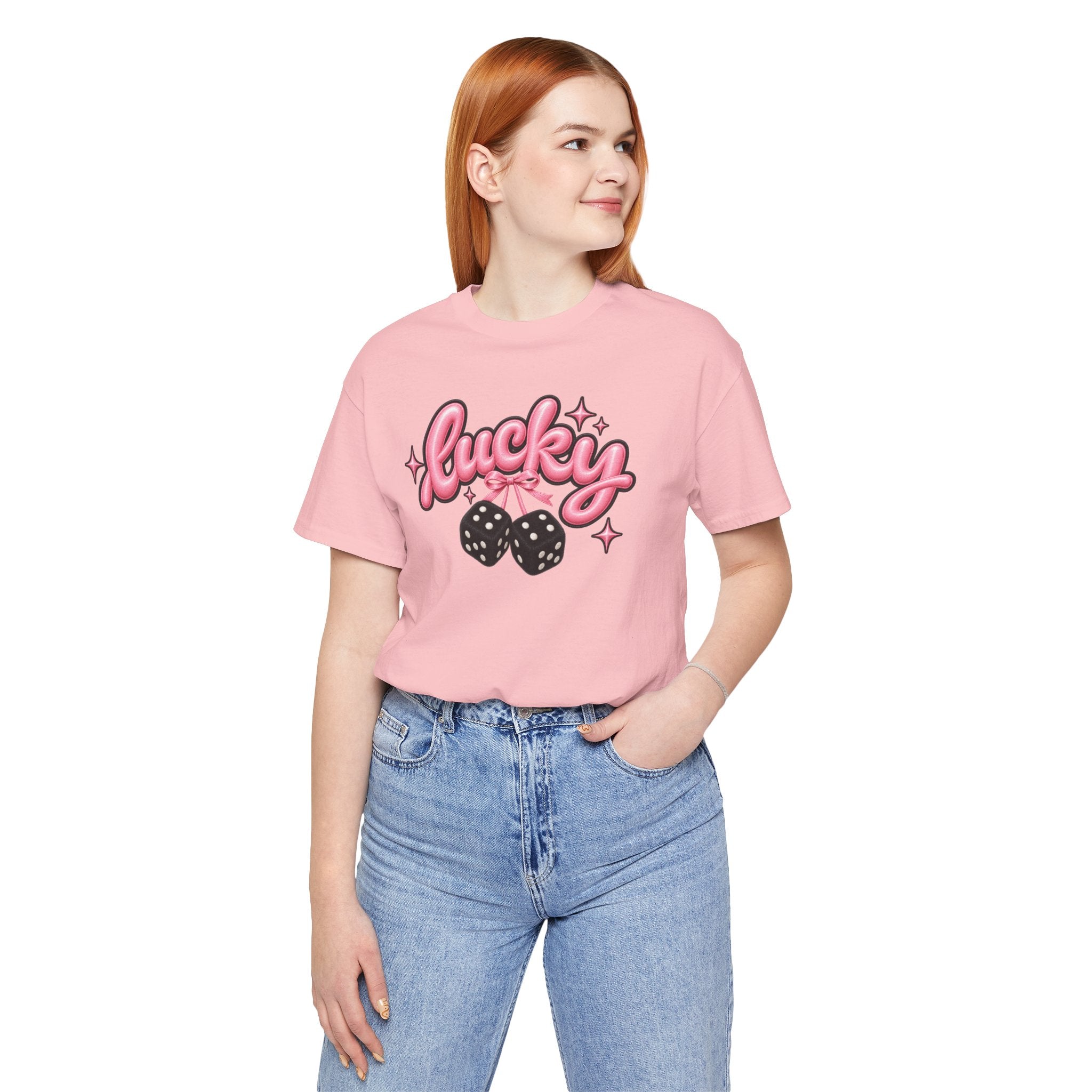 Lucky Dice Tee — Pink Retro "Lucky" Graphic T-Shirt
