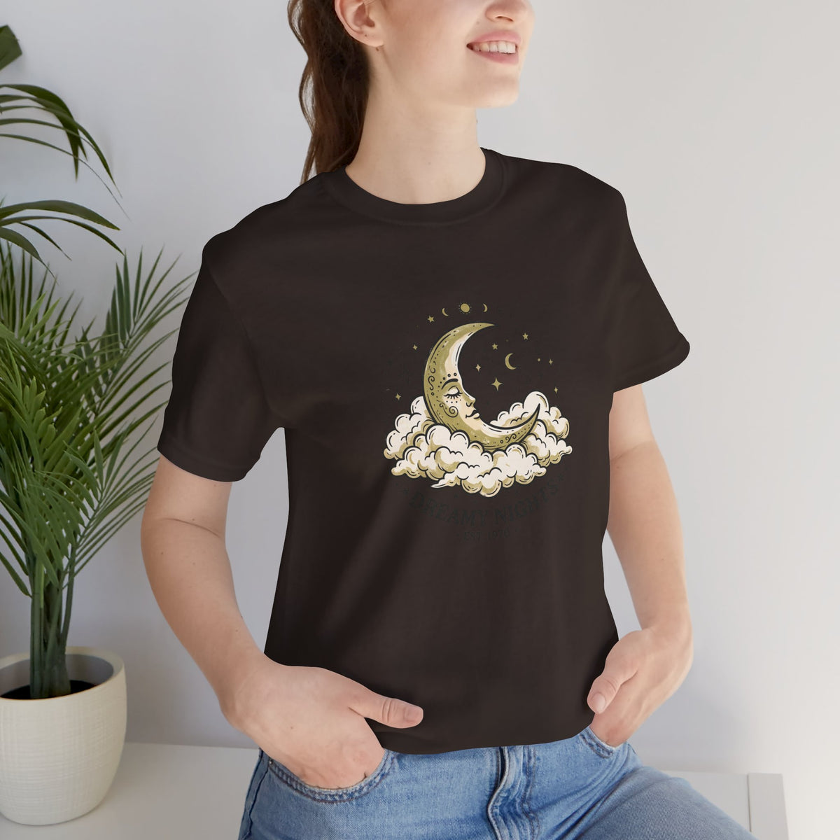 Dreamy Nights Moon Tee — Vintage Crescent Moon & Clouds Shirt